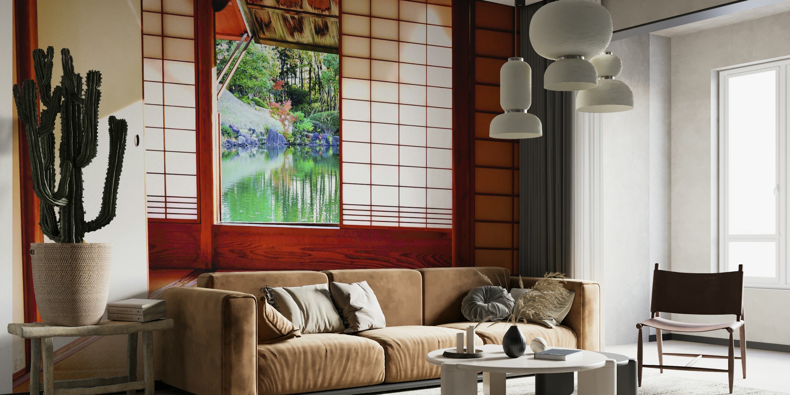 Porte shoji japonaise traditionnelle ouvrant sur un jardin zen papier peint mural