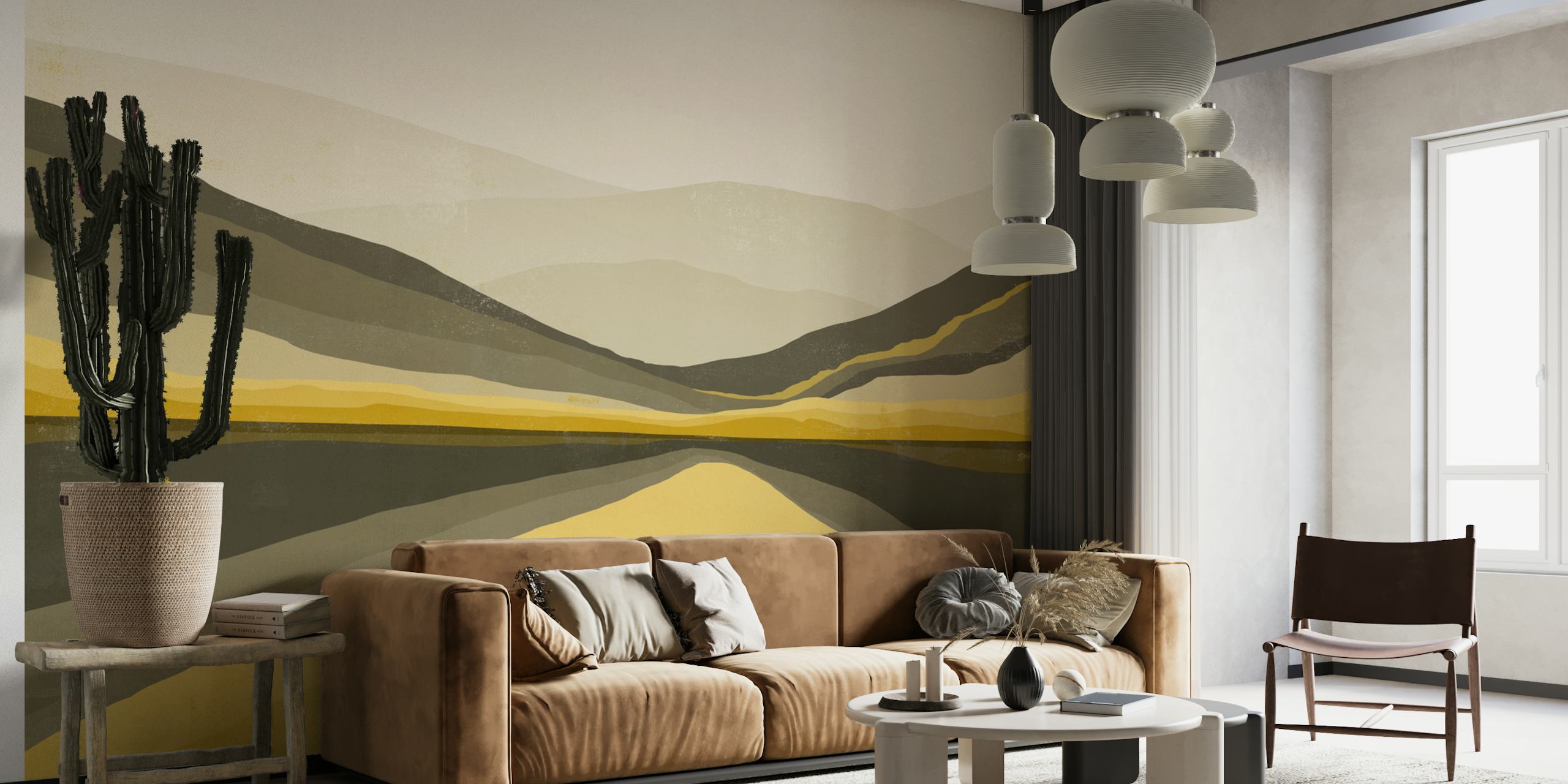 Colorful landscape wallpaper in a room
