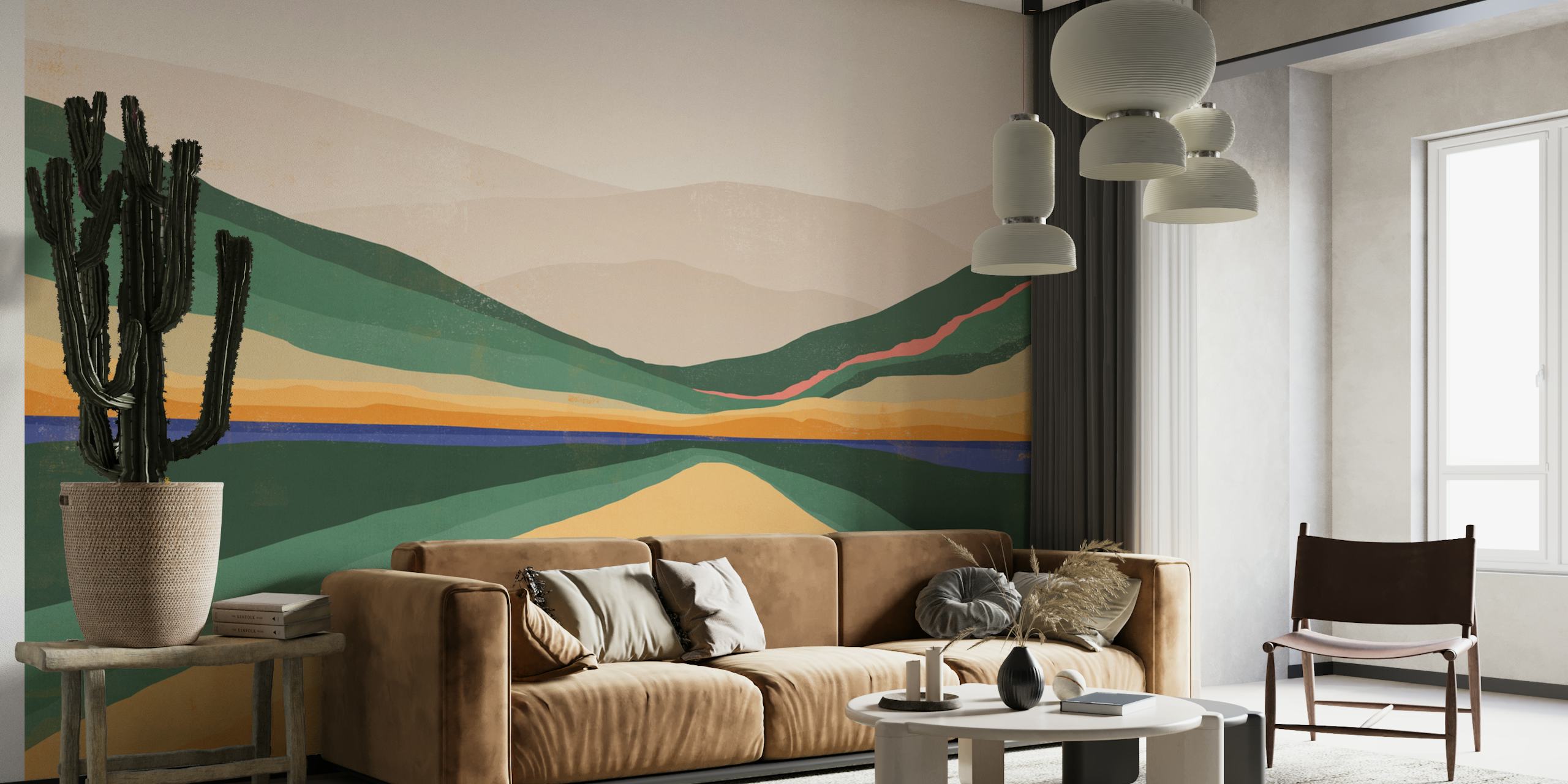 Abstract landscape wall mural with colorful rolling hills and serene lake