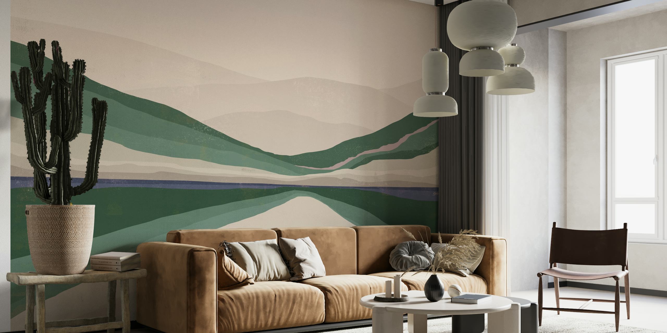 Abstract landscape wallpaper with green and beige colors in wave-like patterns