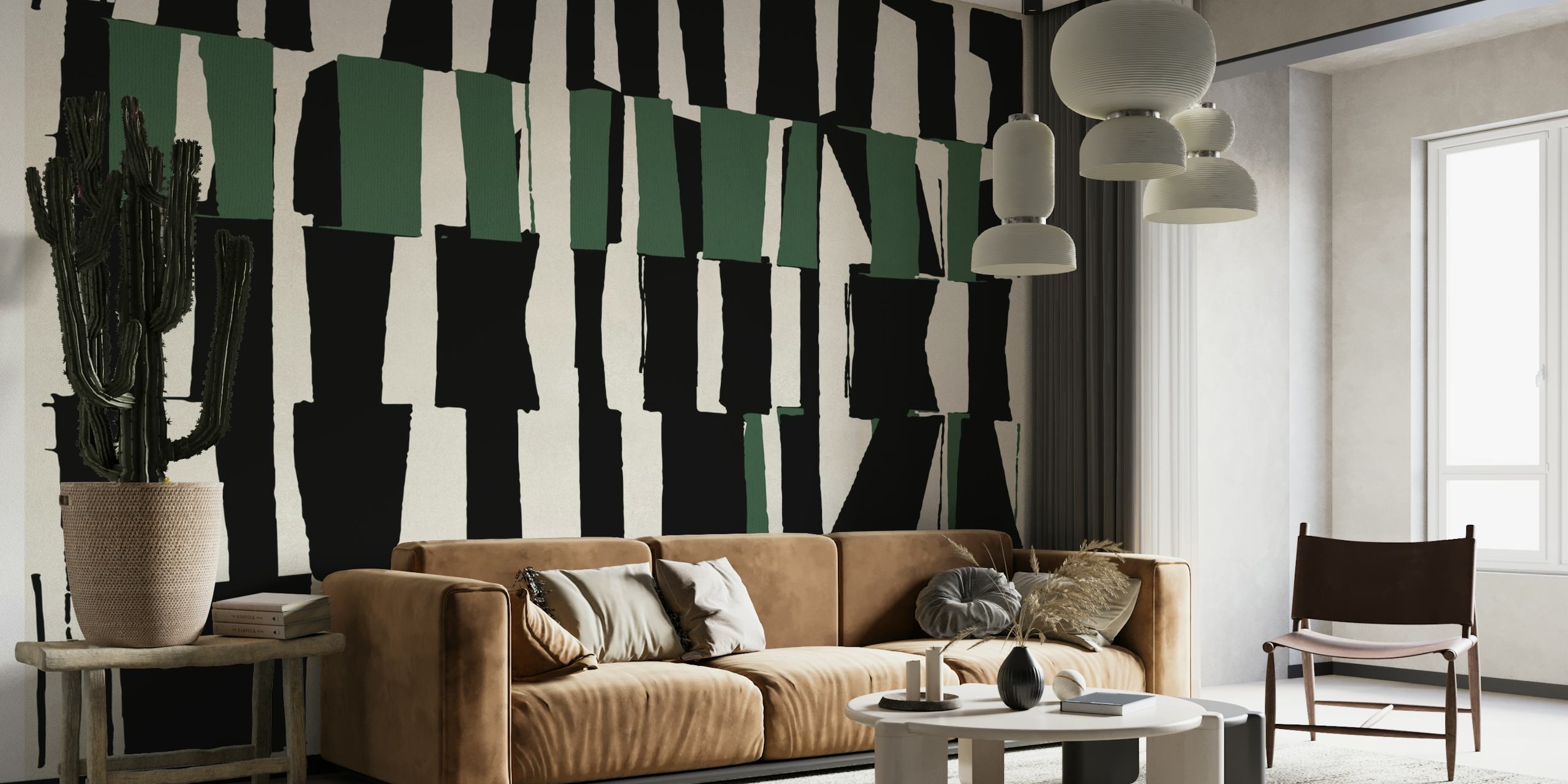 Modern Abstract Line 1 fotobehang met zwarte en groene lijnen op een witte achtergrond