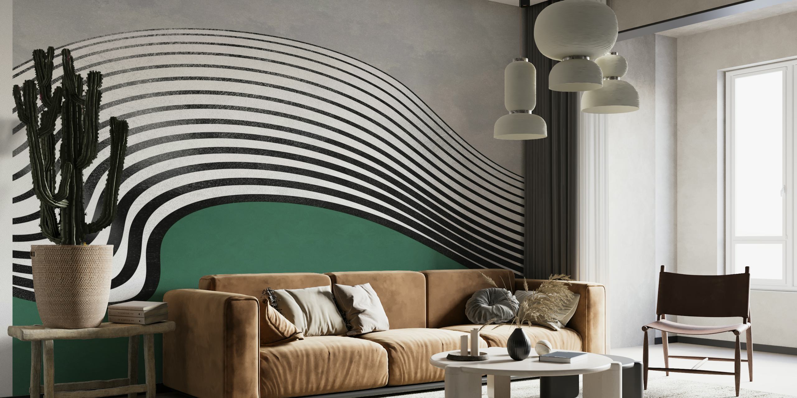 Design de onda abstrata com linhas curvas em fundo verde para mural de parede