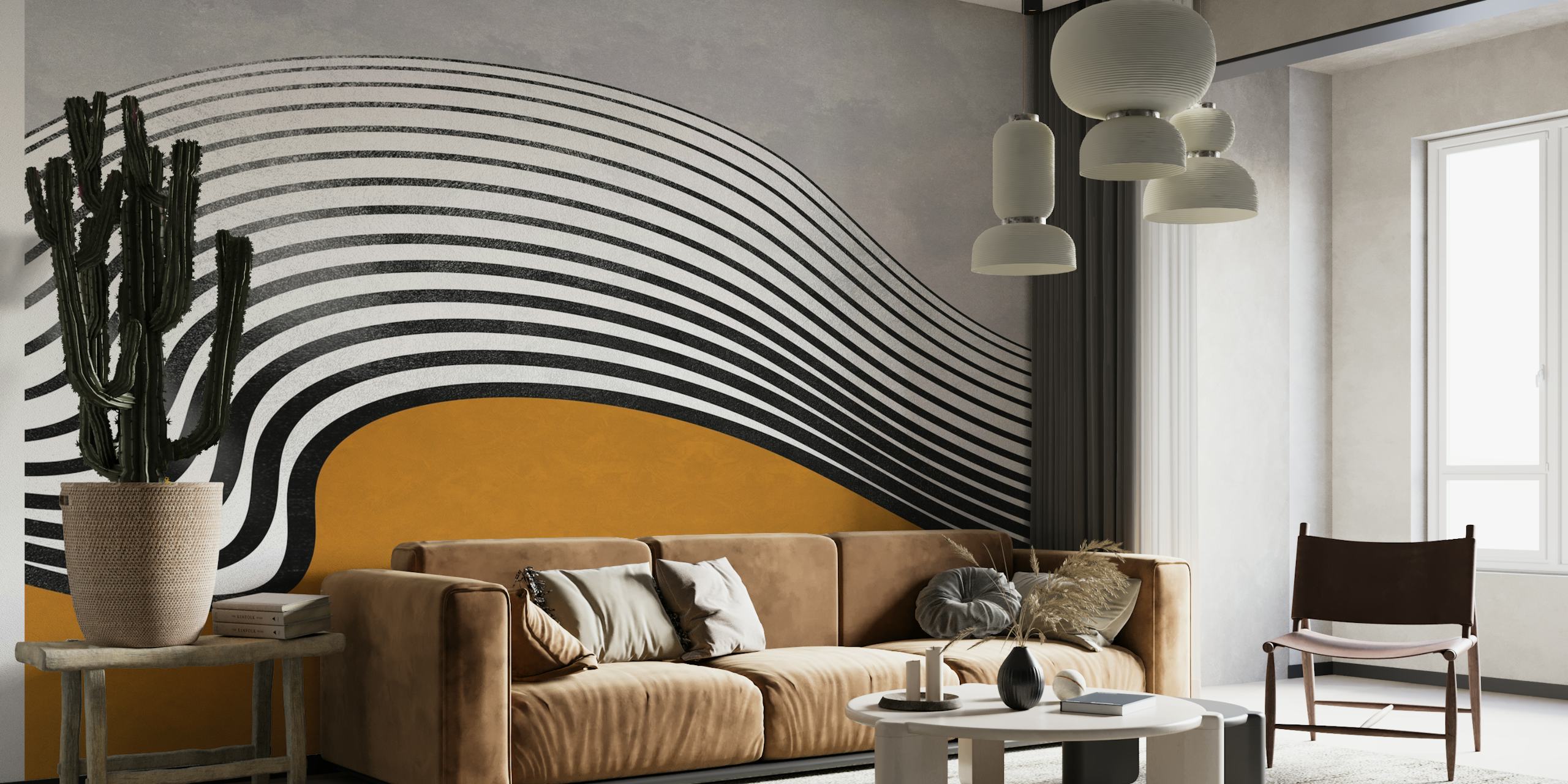 Carta da parati moderna Wave Ocher in una stanza elegante