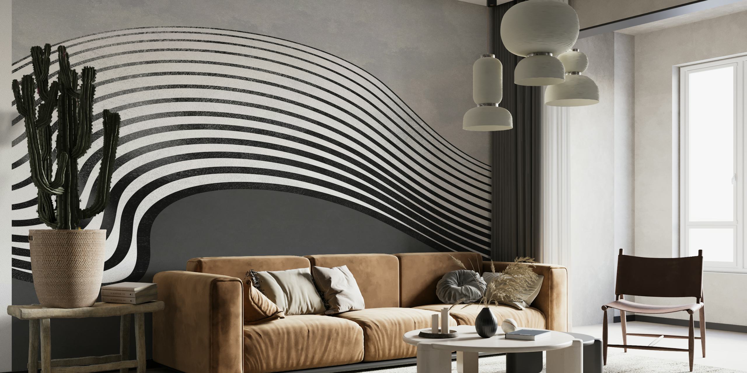 Abstrakt bølgemønster vægmaleri i grå nuancer