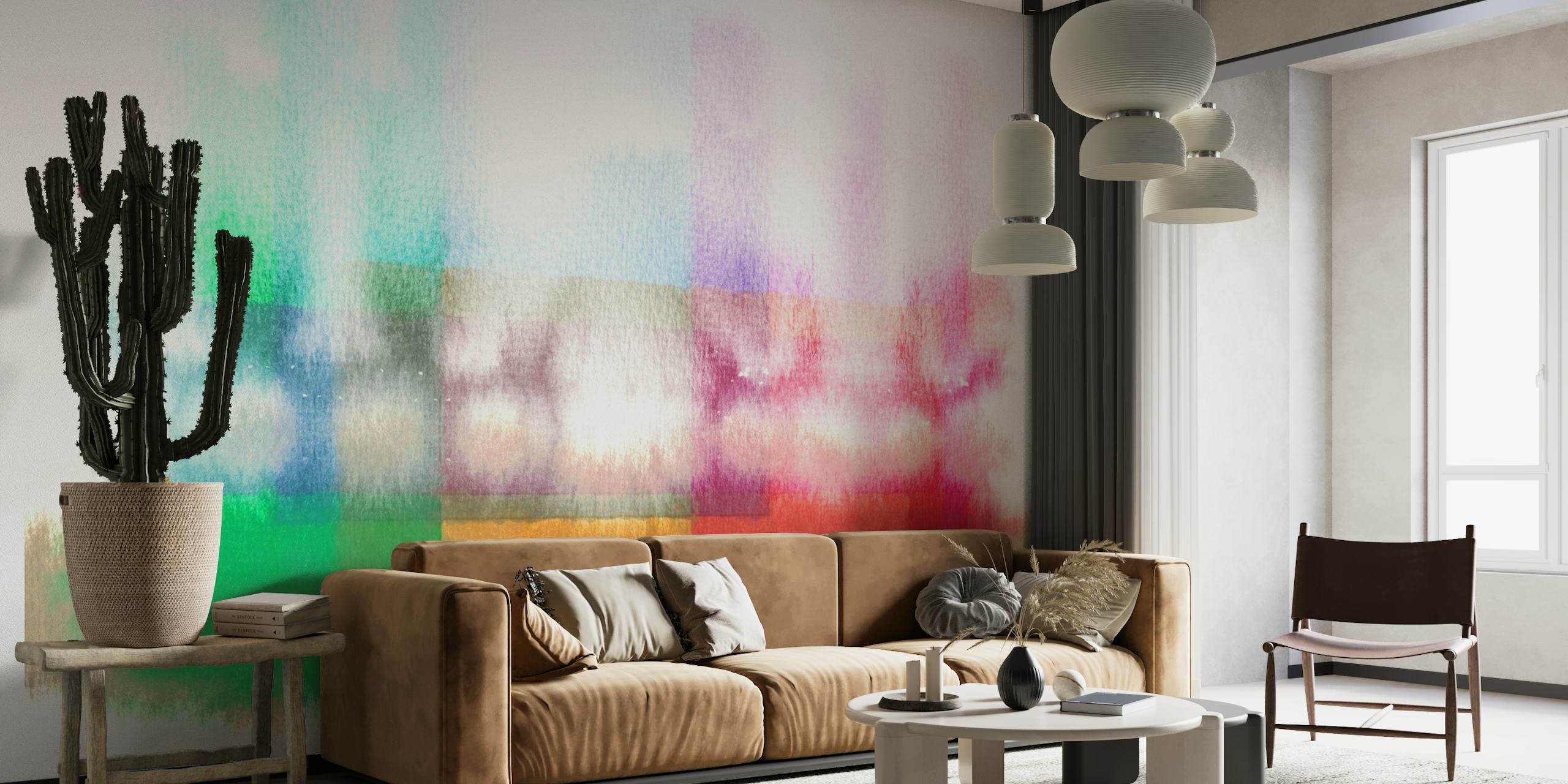 Abstracte zomerse aquarelhorizon muurschildering met een mix van blauwe, roze en aardse tinten.
