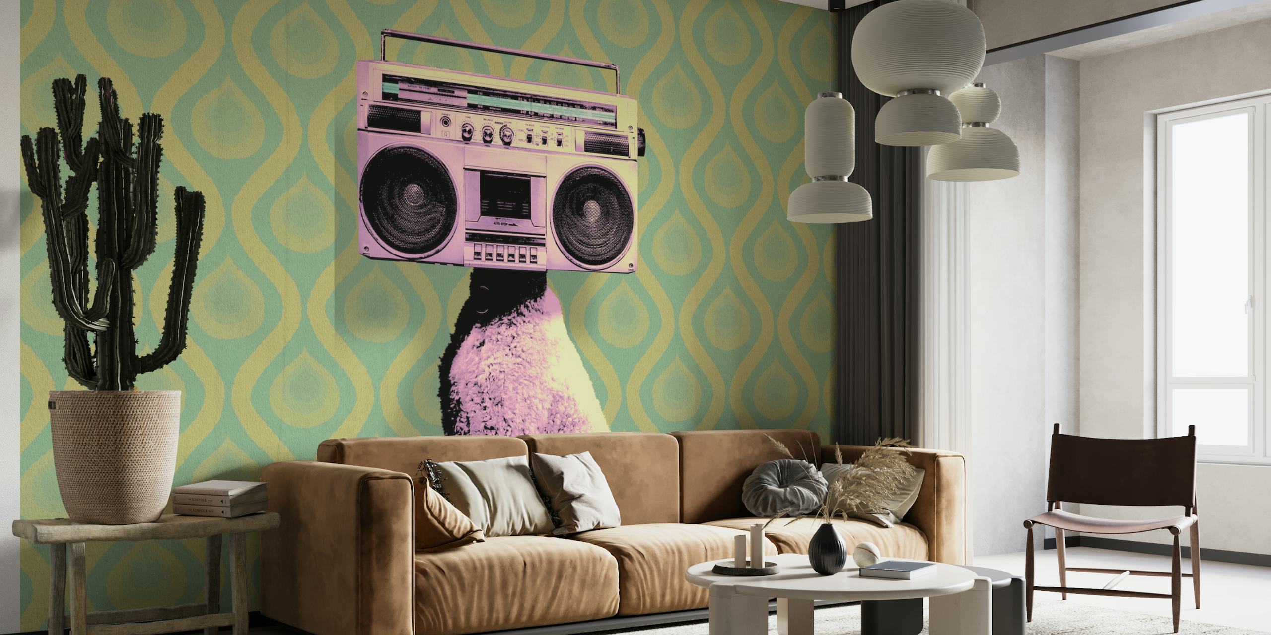 Retro dog with a boombox on a green chevron wallpaper