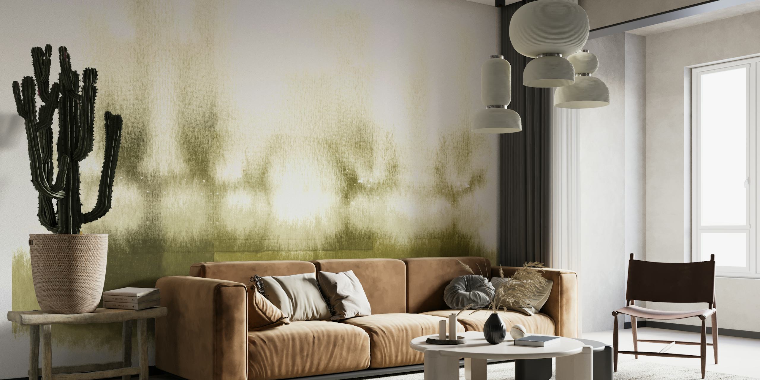 Vihreä vesiväriseinä näyttelyssä huoneessa