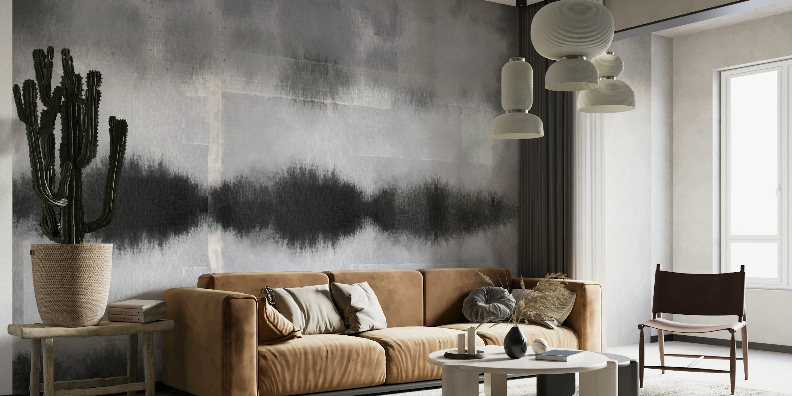 Abstract monochrome watercolor winter wall mural with tranquil grays and whites