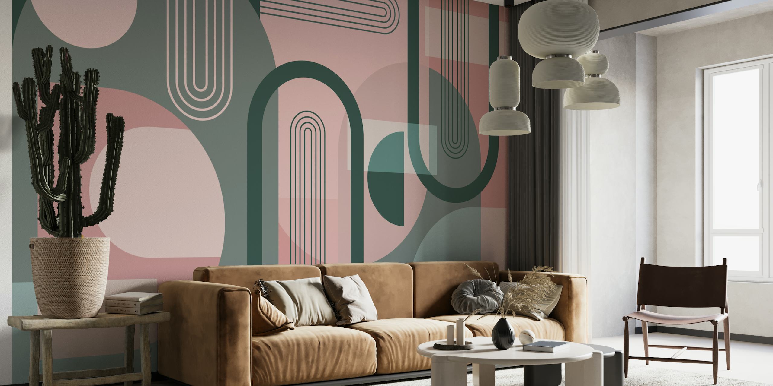 Abstract geometric shapes in pink and green wallpaper