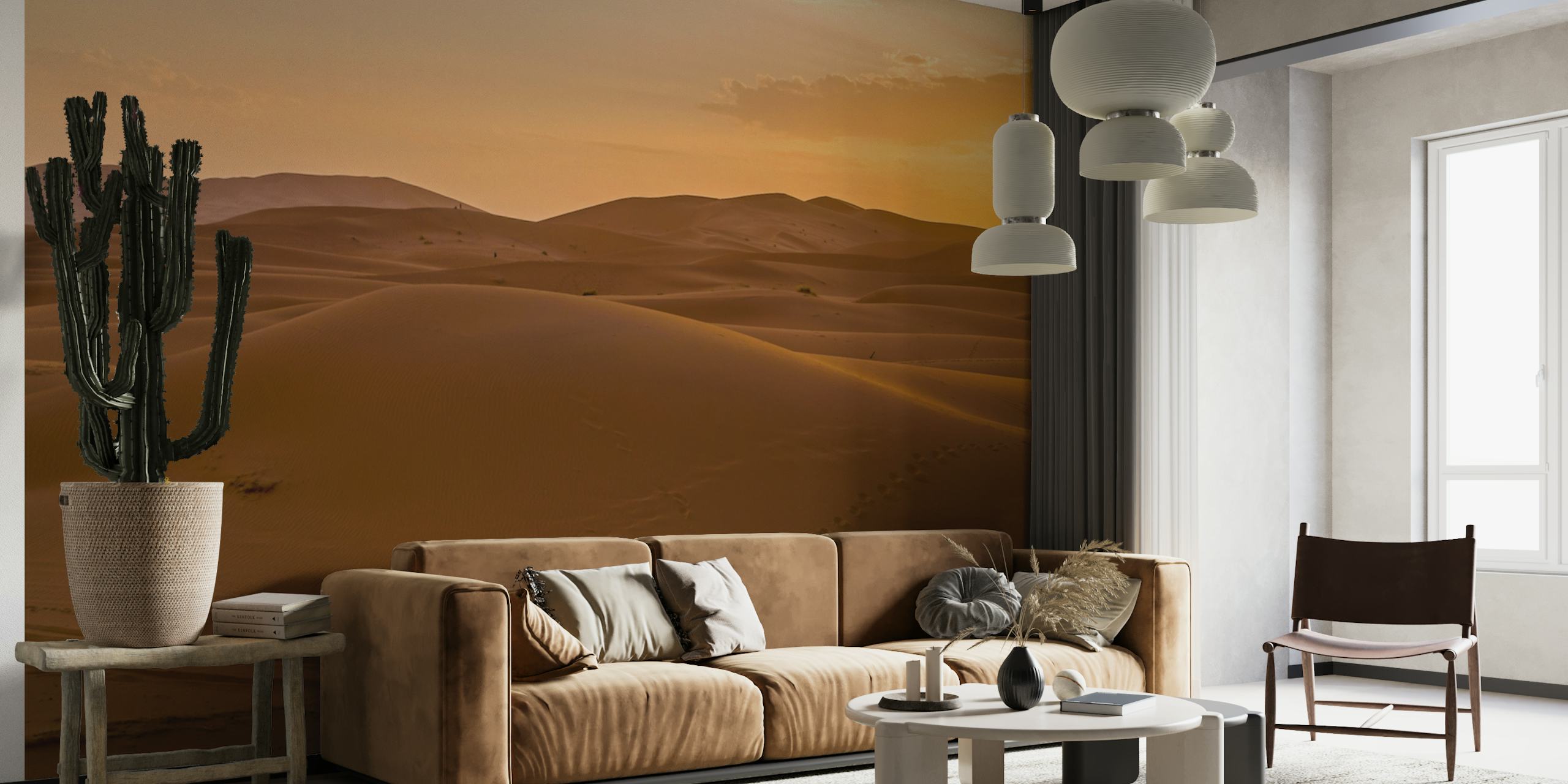 Gouden zonsondergang over glooiende zandduinen in een Marokkaanse woestijnmuurschildering