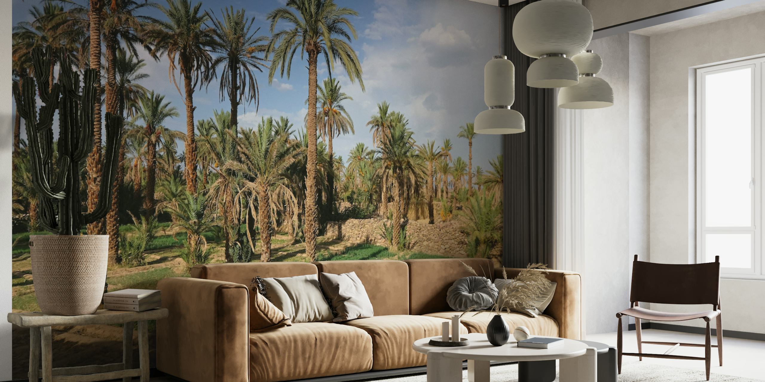 Palmtree Oasis i Marokko vægmaleri med en rolig lund med frodige palmer og frodig underskov