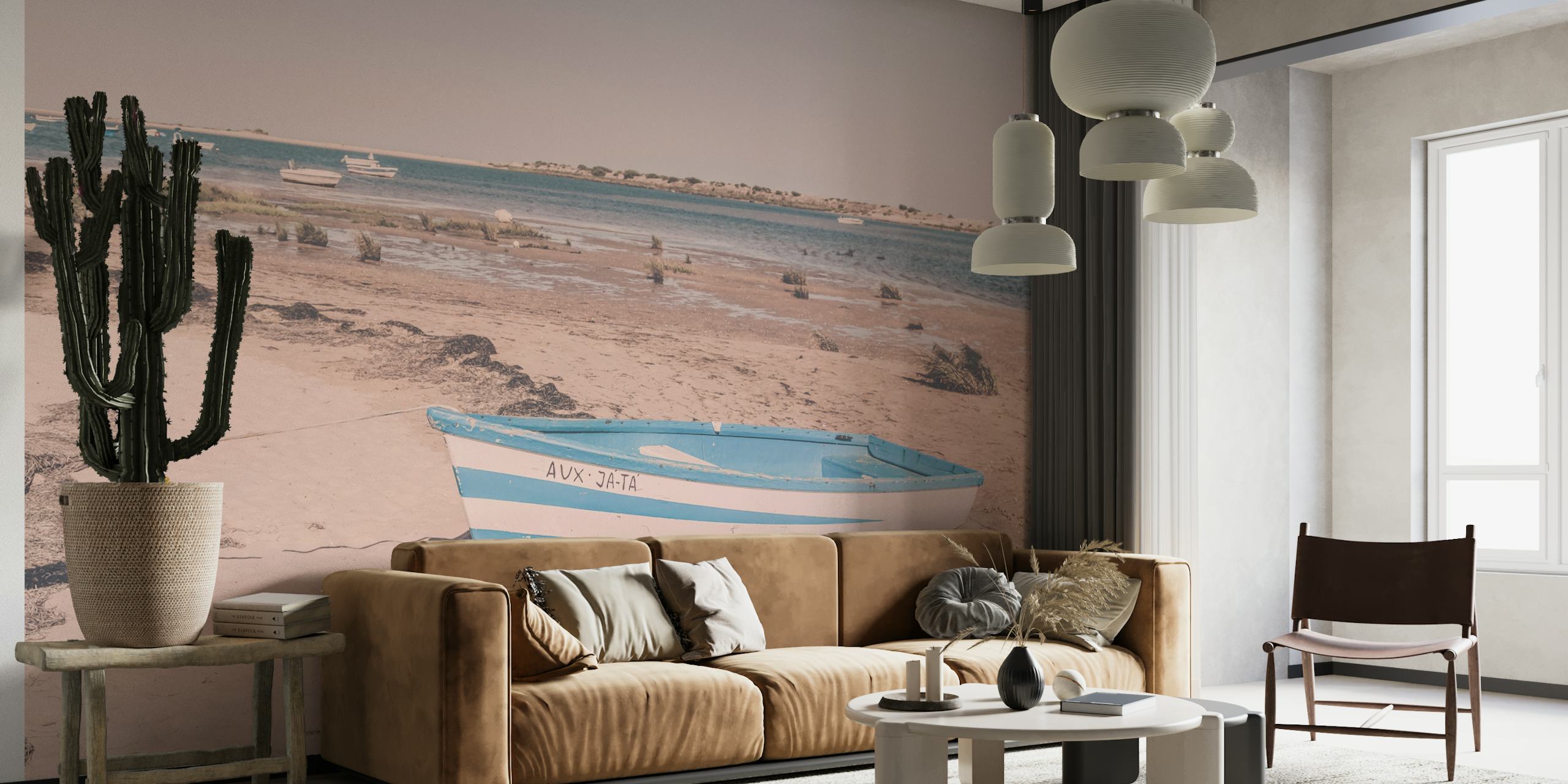 Blue and white boat on sandy beach with ocean background wallpaper
