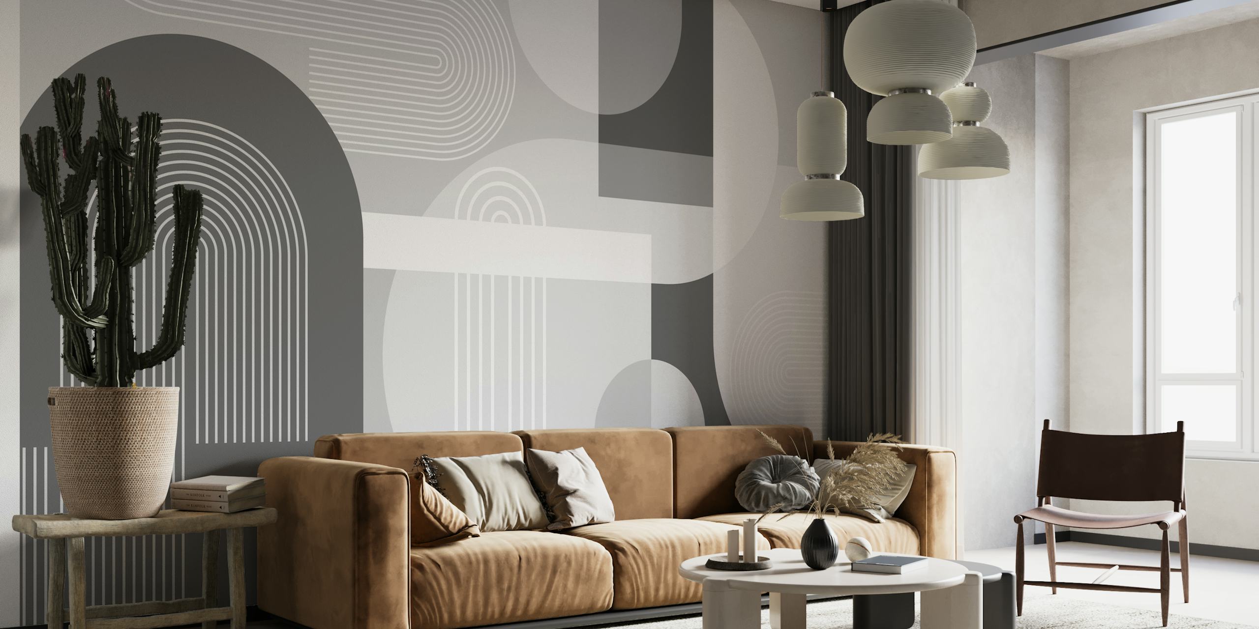 Monokromatisk abstrakt vægmaleri med grå buer og geometriske mønstre