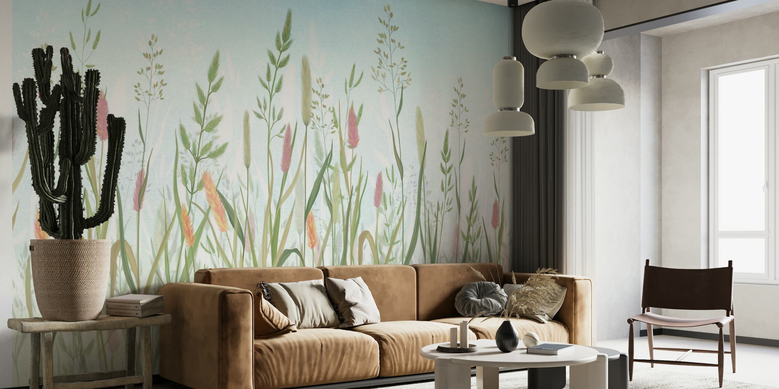 fotomural vinílico de parede de grama em tons pastel com um desenho sereno de flores silvestres