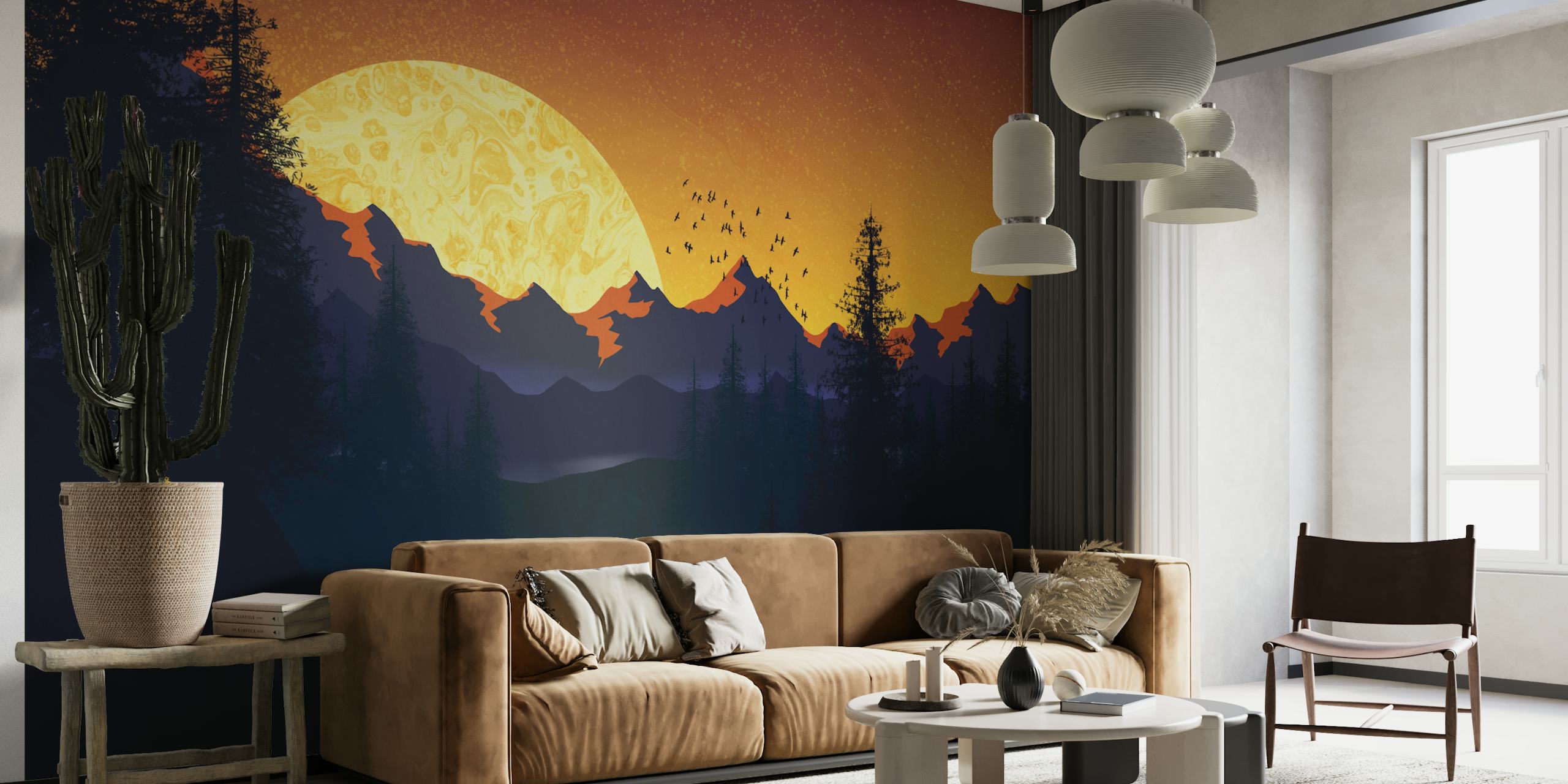 Silhouette of pine trees and mountains against a vibrant sunset wallpaper