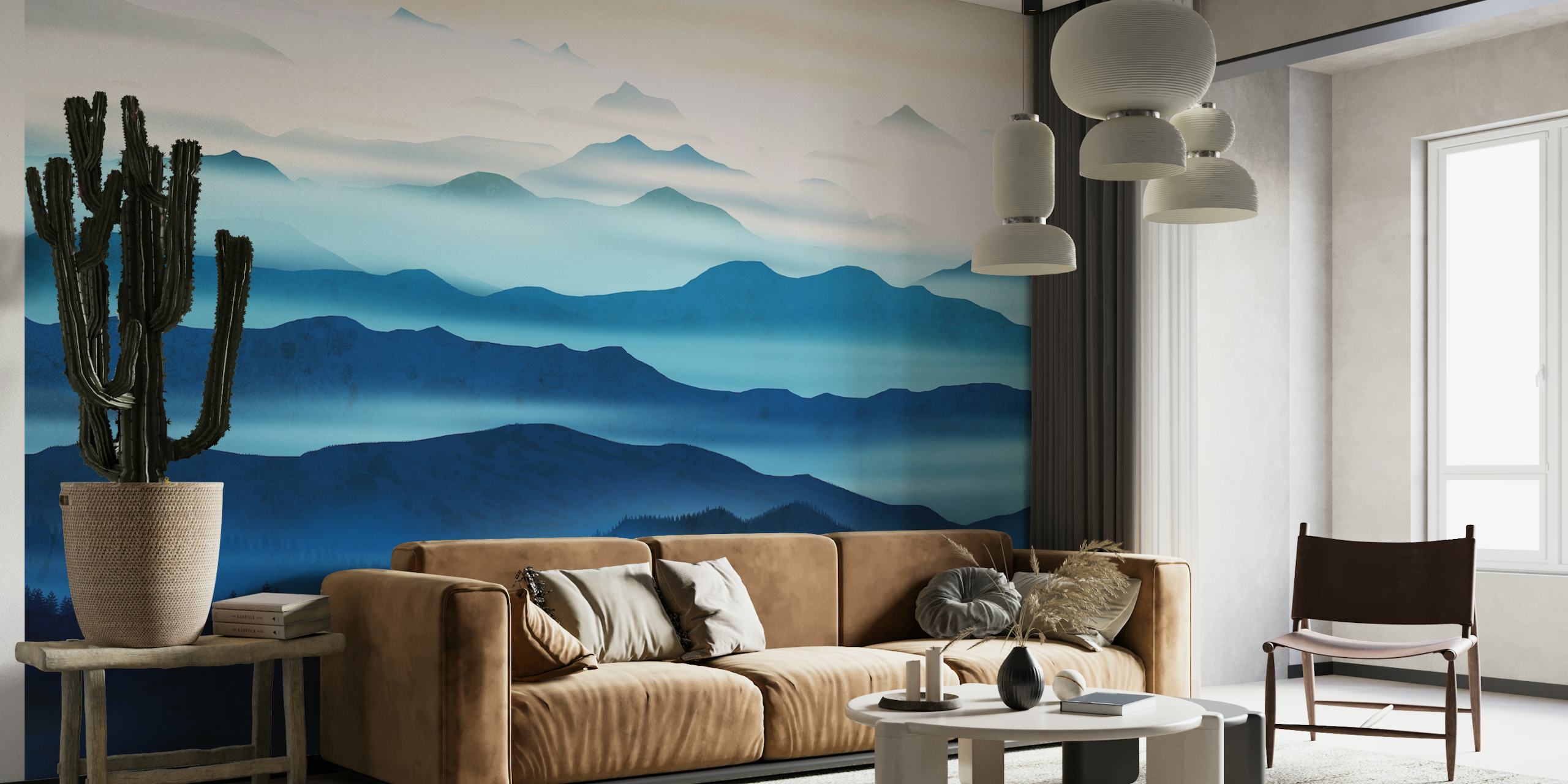 Blue mountain landscape with misty layers and soft gradients wallpaper