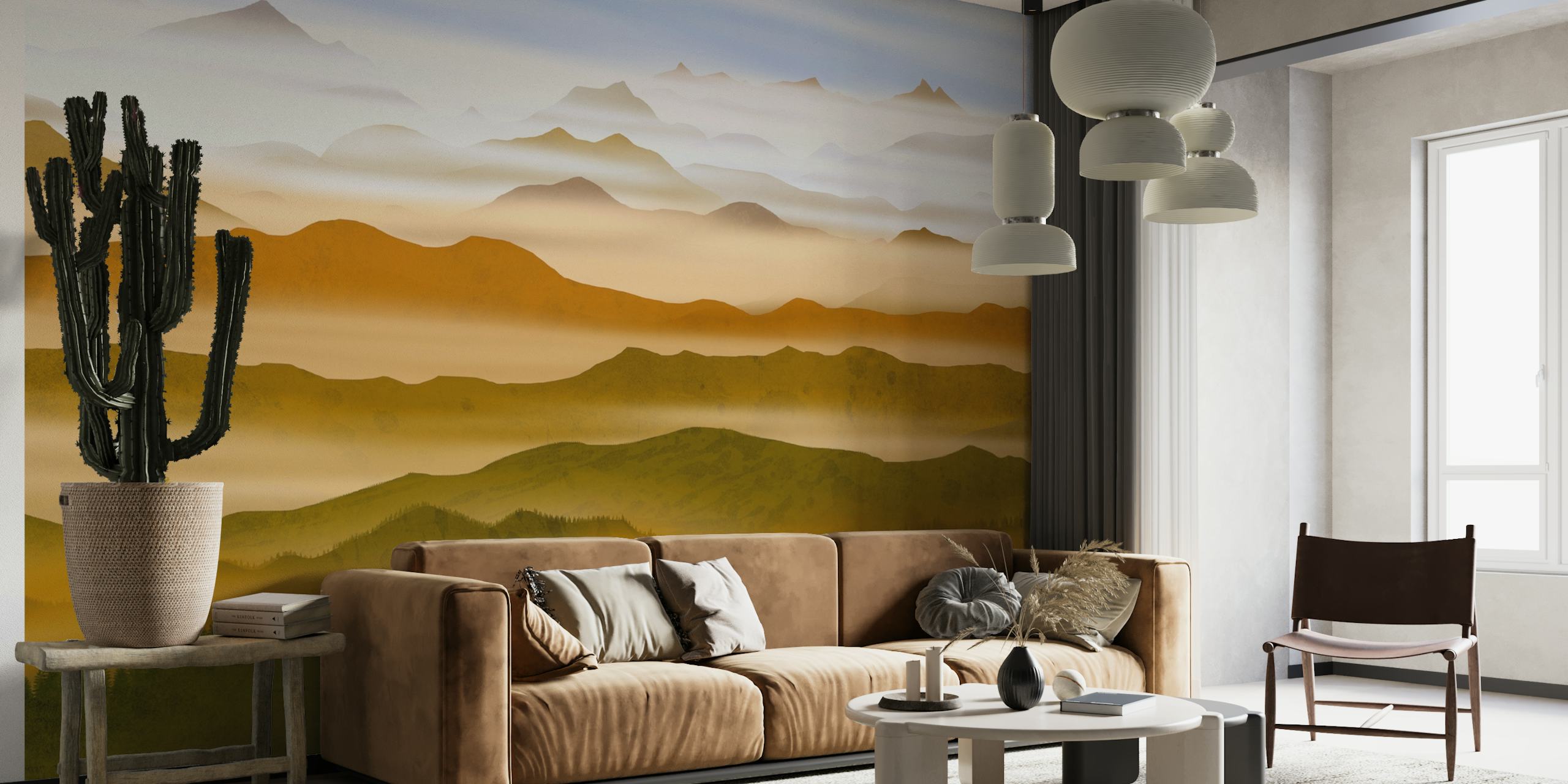 Pearl Valleys wall mural with layered hills and soft earth tones