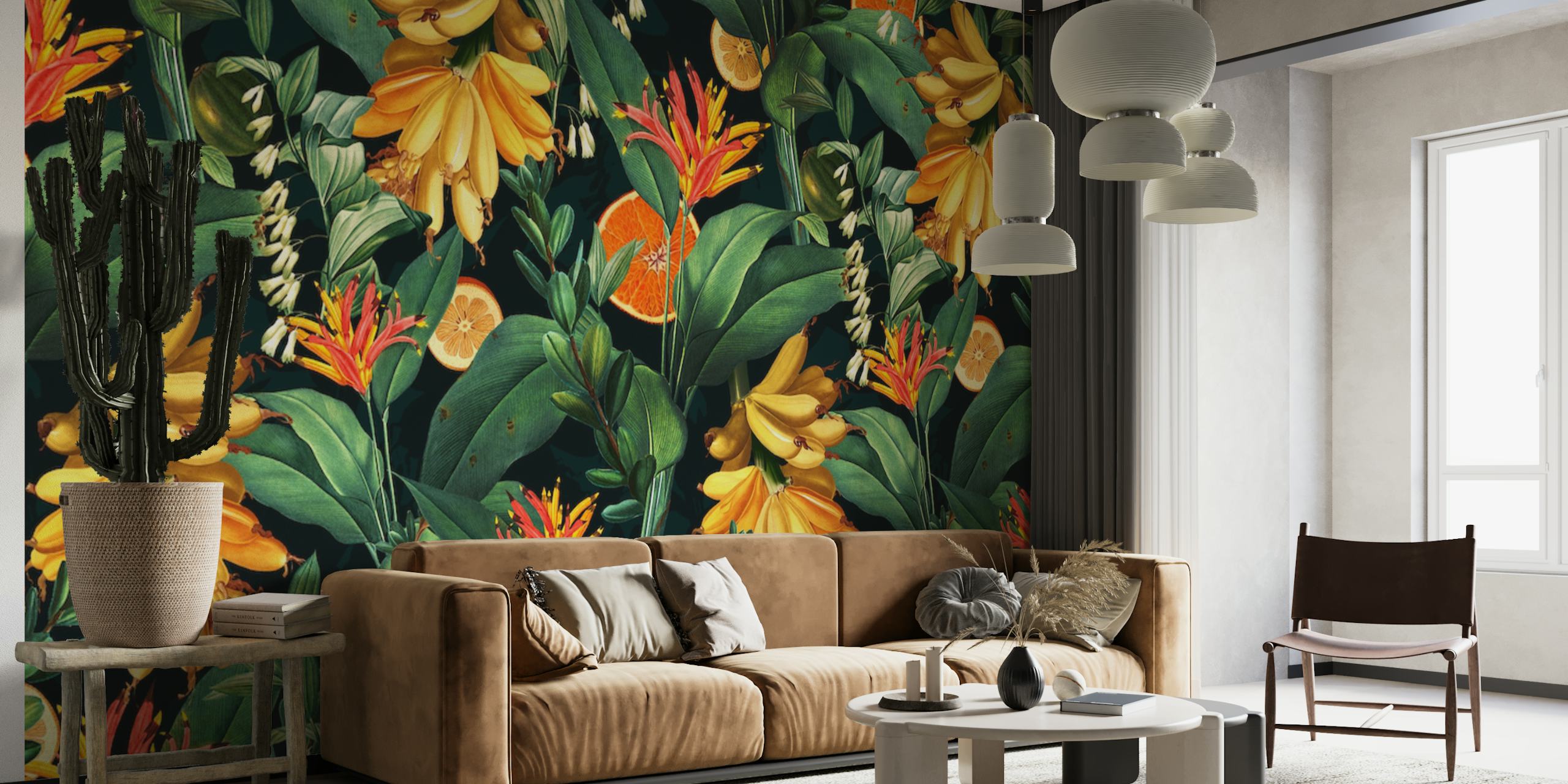 Tropical Orange Garden wall mural with orange flowers and green leaves