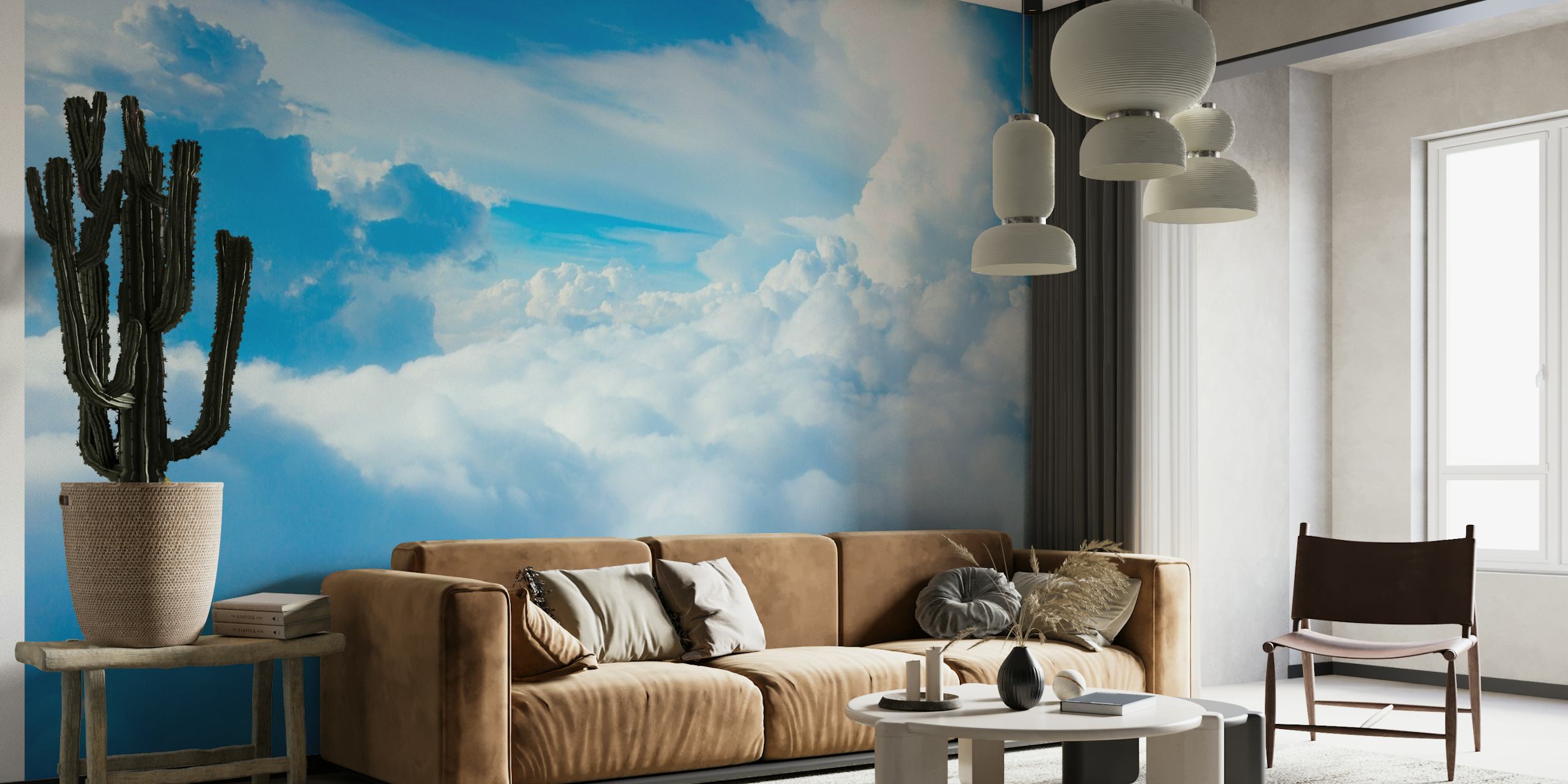 Tranquil blue sky and fluffy clouds wall mural