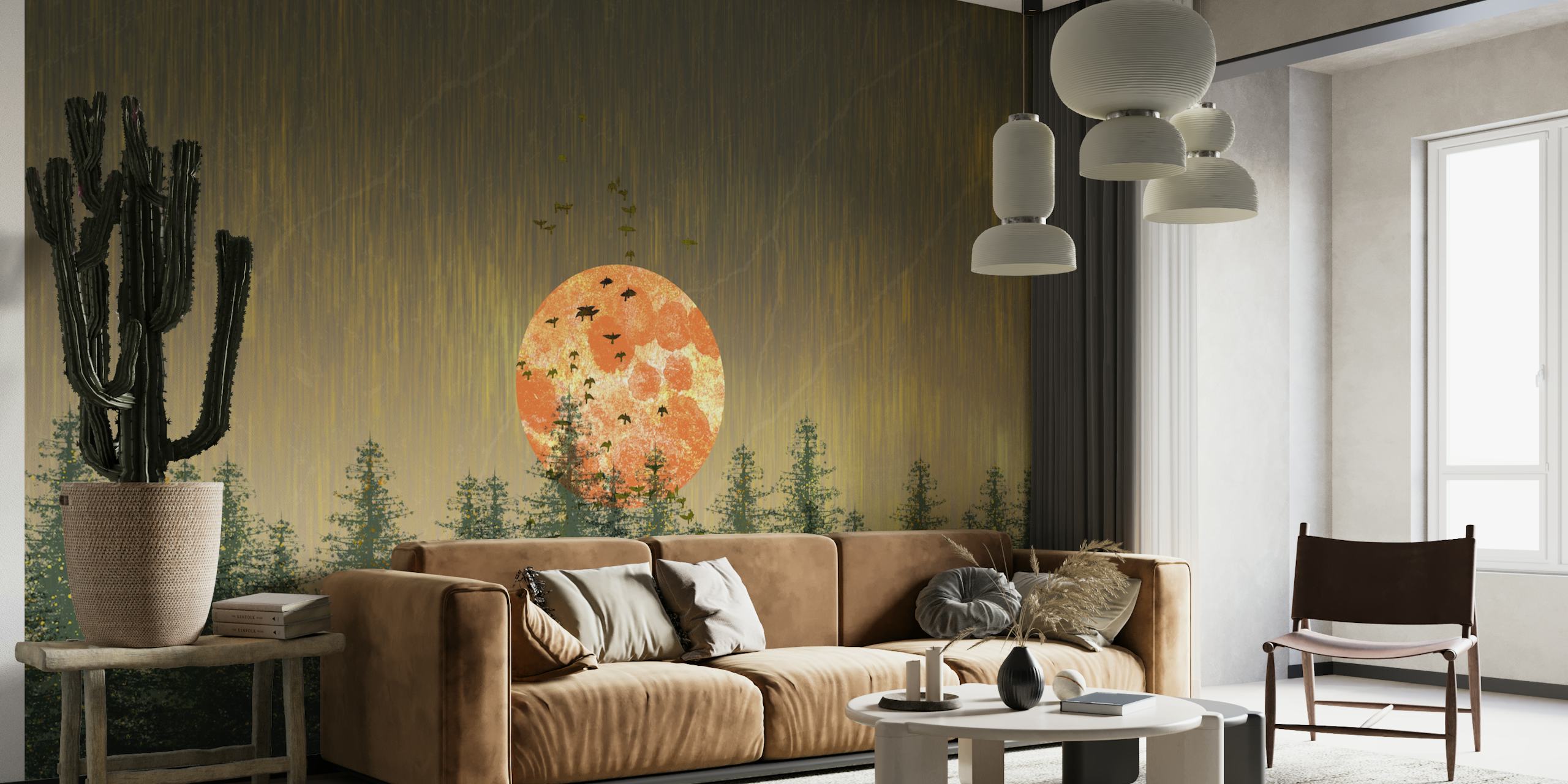 Wall mural of a moonlit night with birds and pine trees silhouette