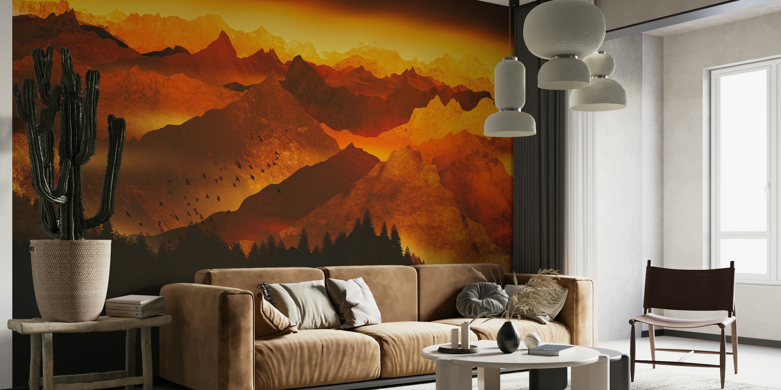 Mystieke vurige bergketen muurschildering met levendige oranje en gele tinten