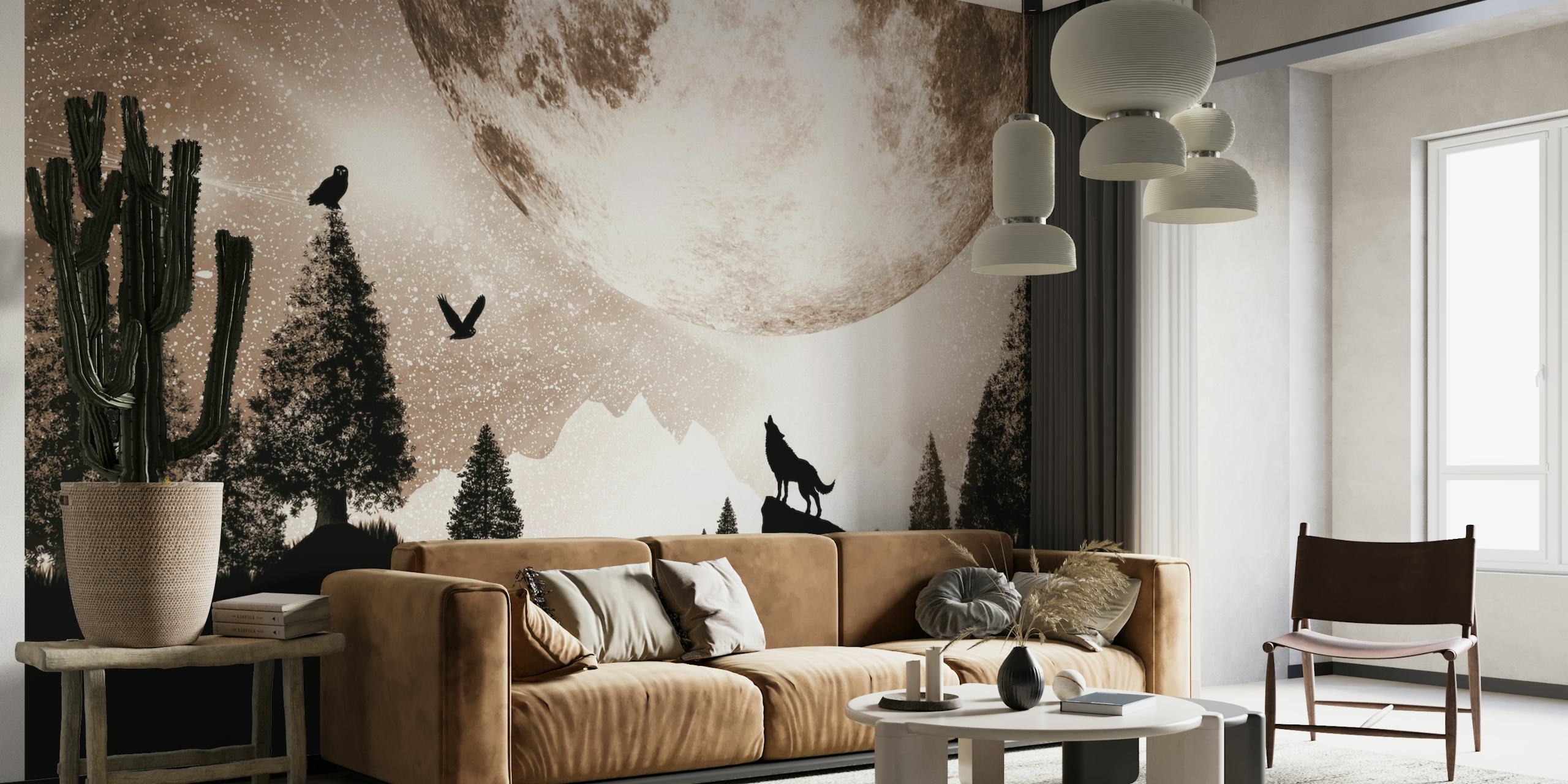 Monochromatic wall mural featuring wolves in a forest under a full moon