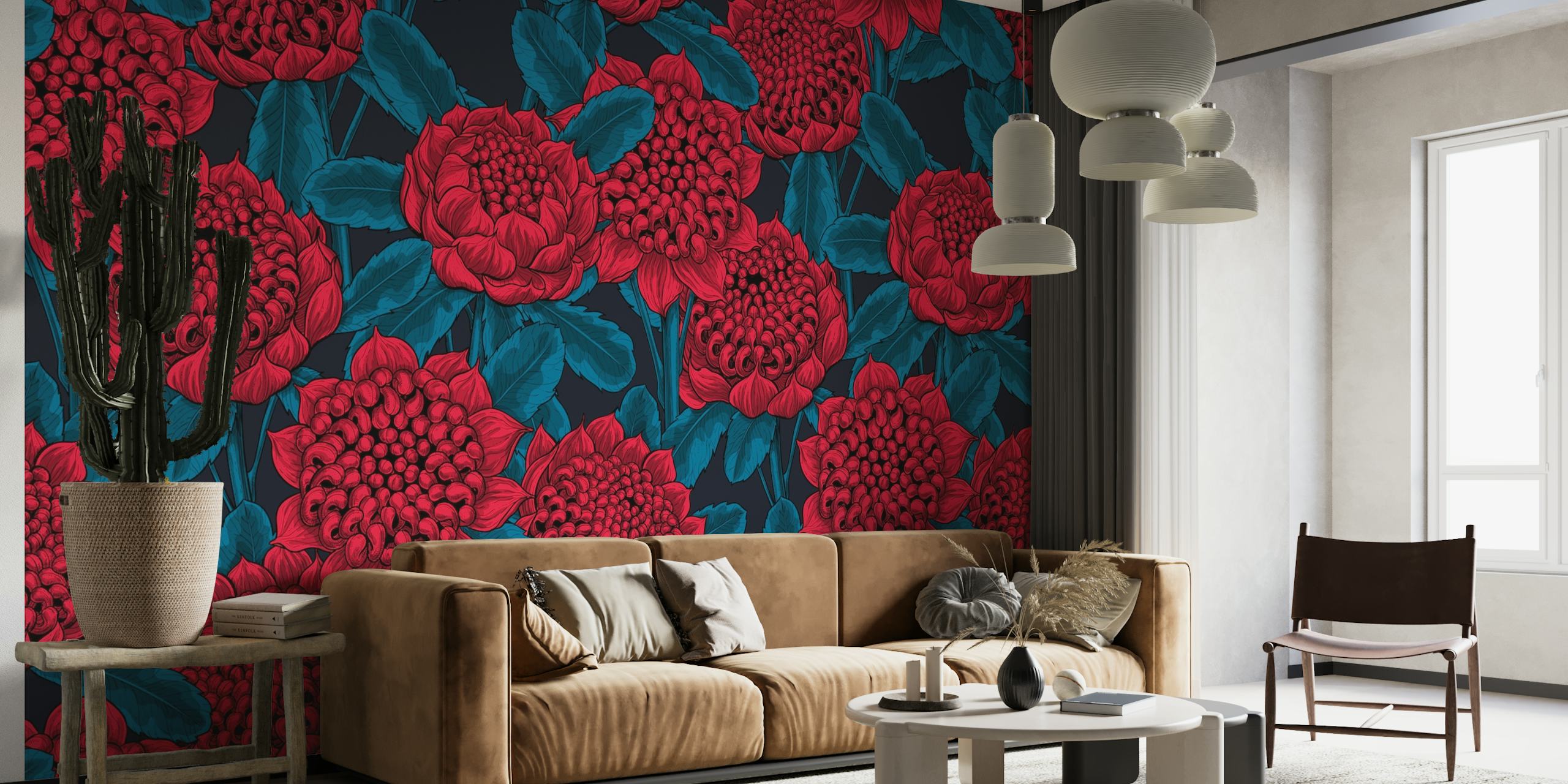 Red Waratah Flowers wall mural on happywall.com featuring lush red florals on a dark background