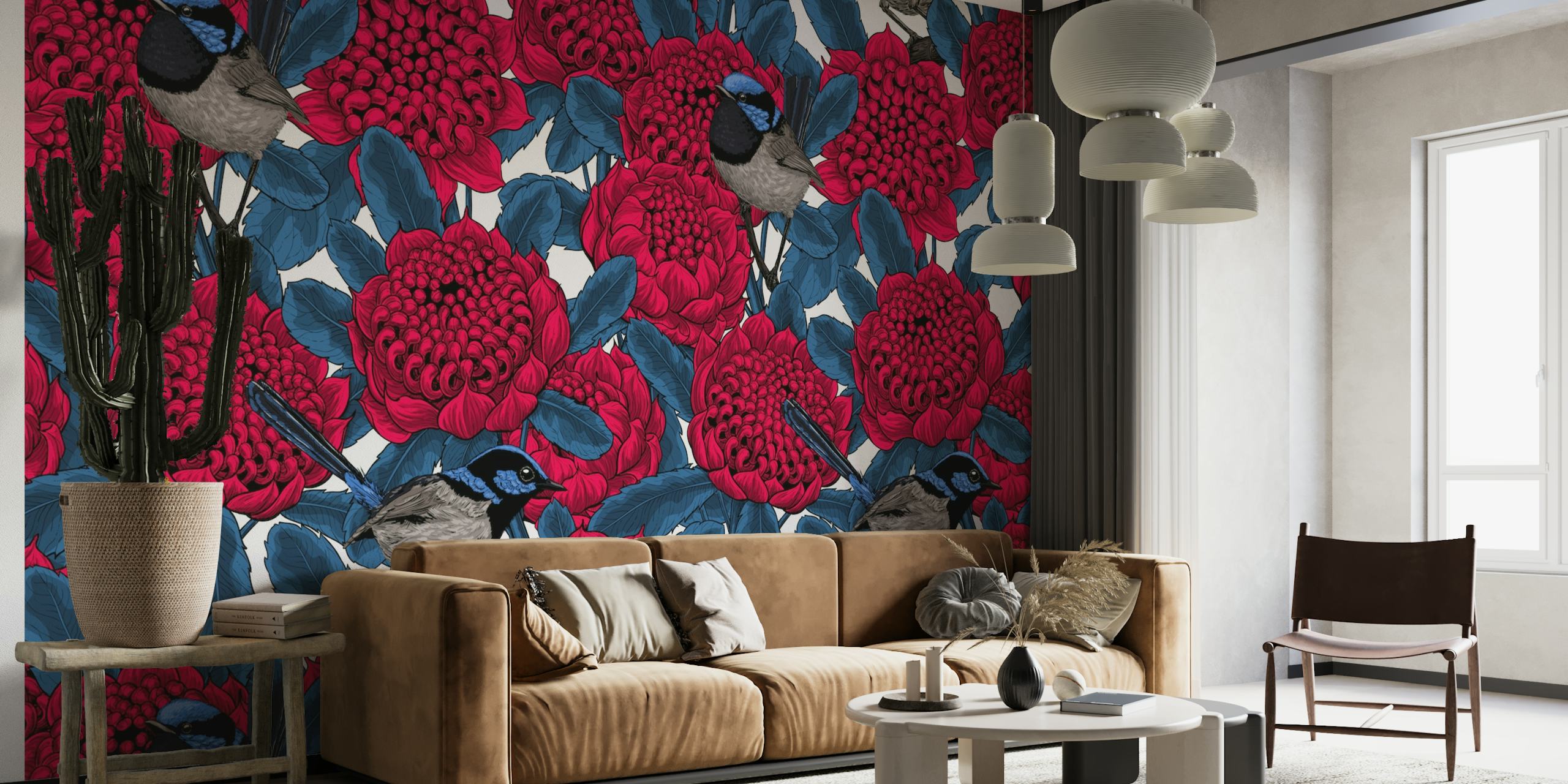 Red waratah and fairy wrens wallpaper