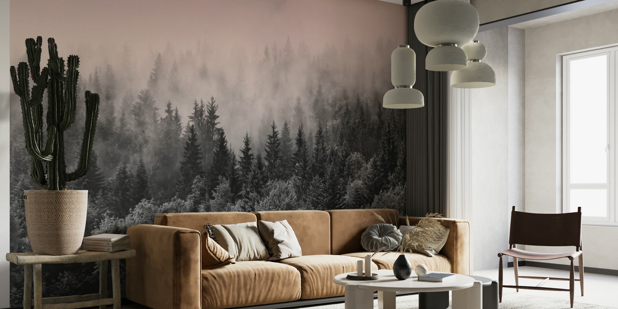 Dark pink dawn forest wallpaper in a room