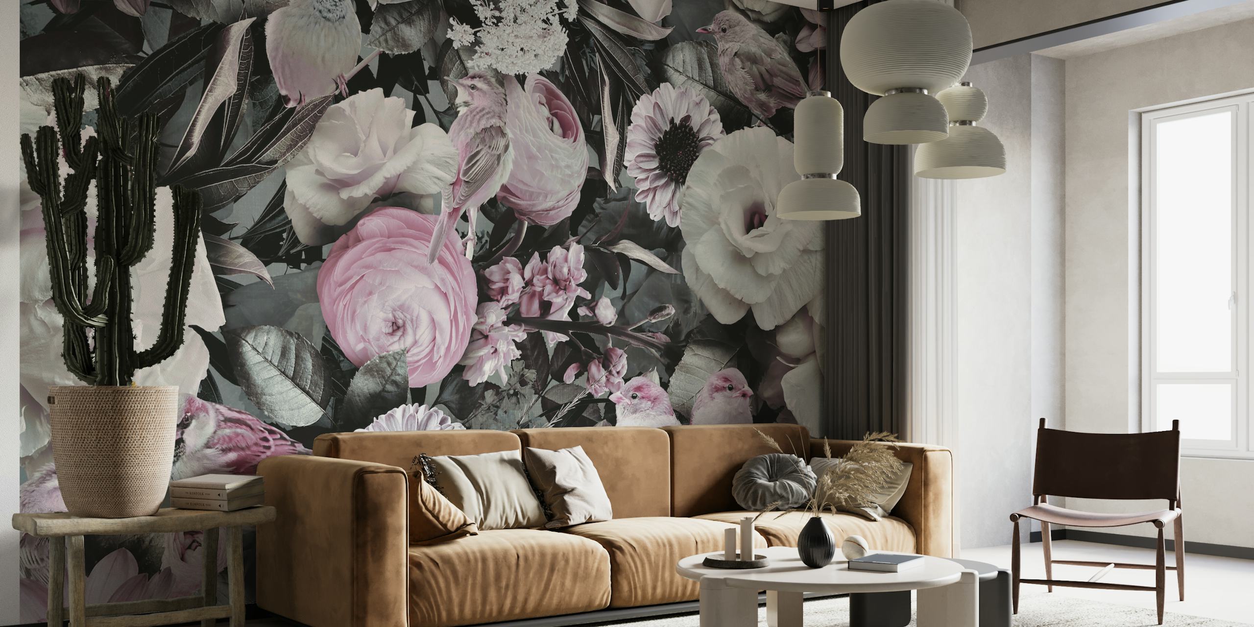 Pastel floral pattern with pink flowers and birds wallpaper