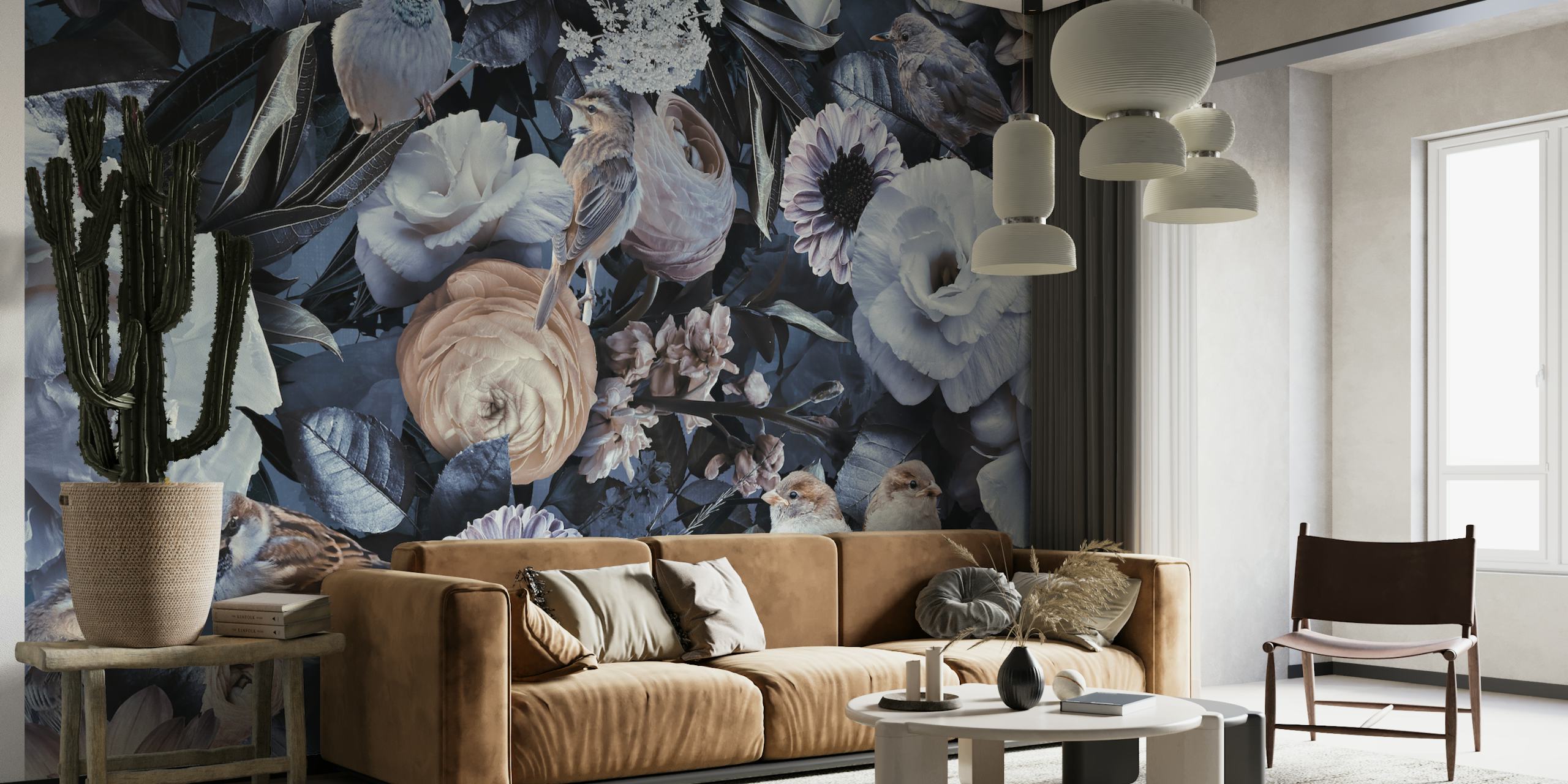 Moody Blue Flowers And Birds -tapetti huoneessa