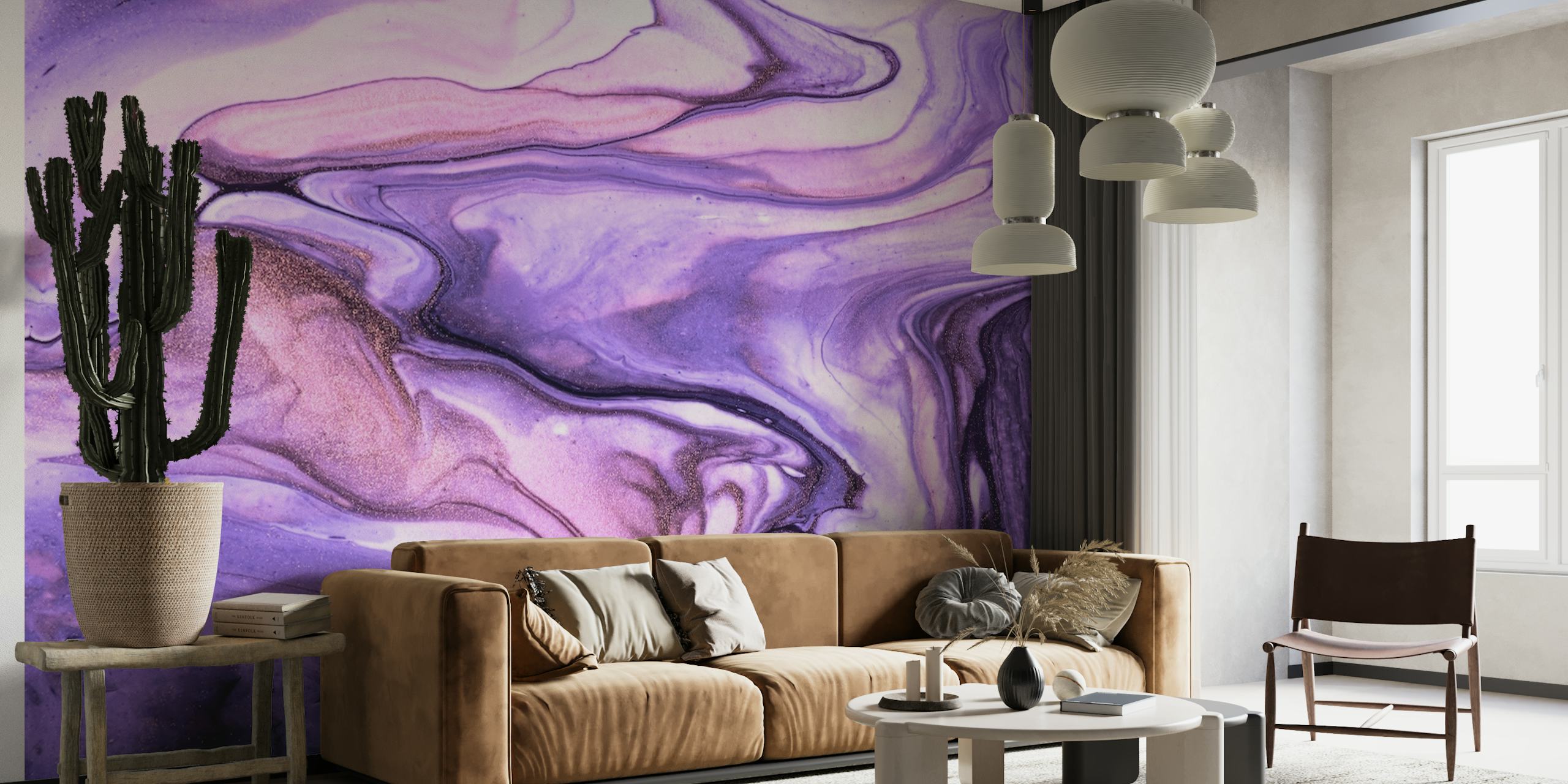 Abstrakti violetti marmorinen seinämaalaus lila-, luumu- ja beige-pyörteillä