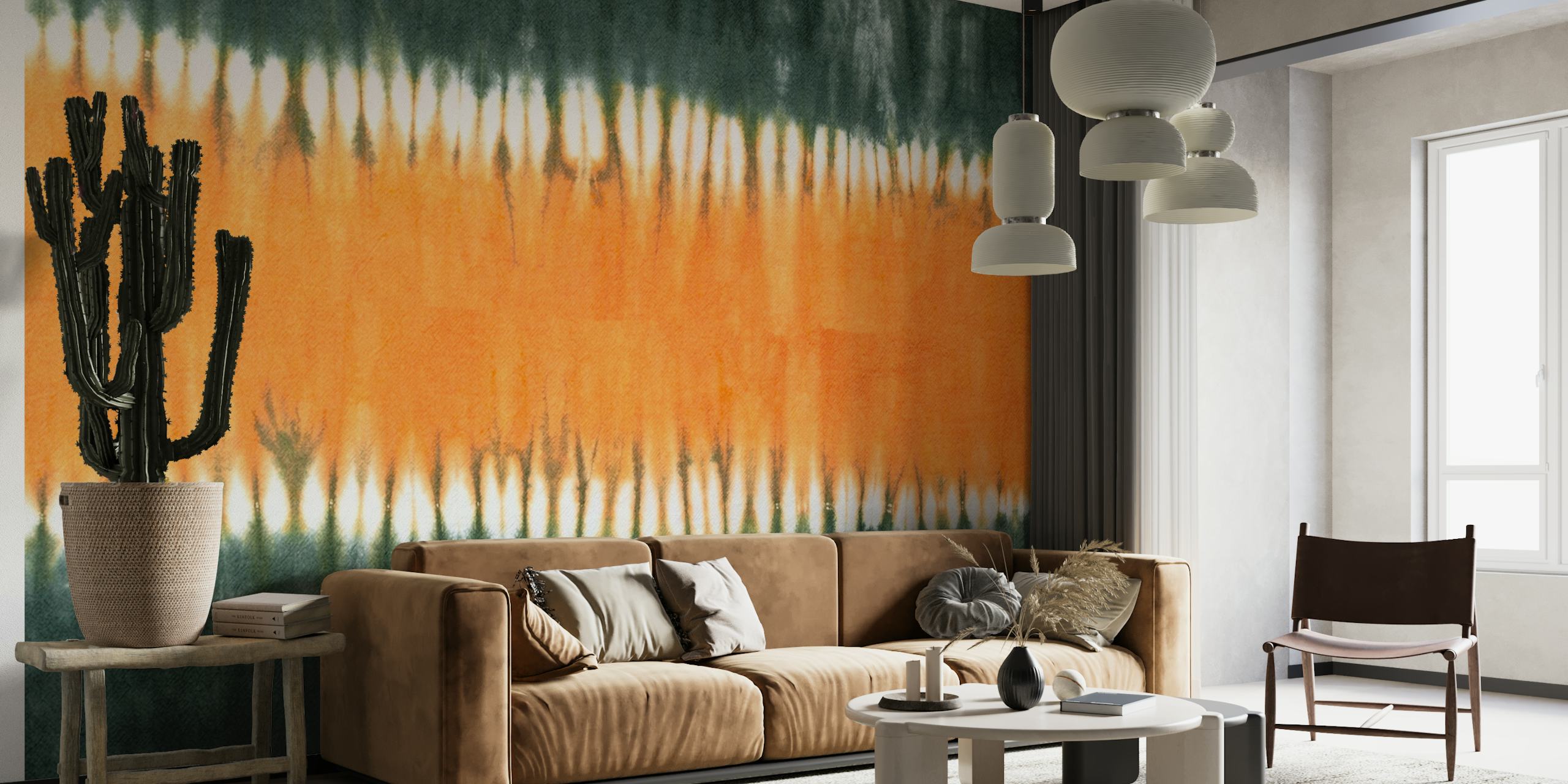 Fotomural vinílico de parede tie-dye verde e laranja com um design abstrato com um visual boêmio vibrante.