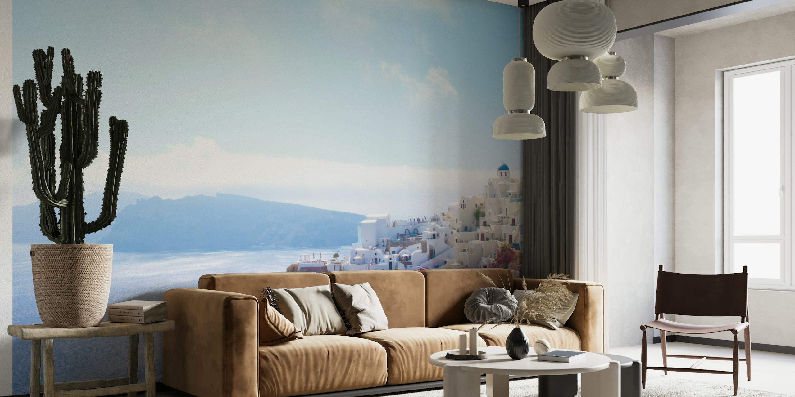 Santorini island wall mural with whitewashed buildings and blue domes overlooking the sea