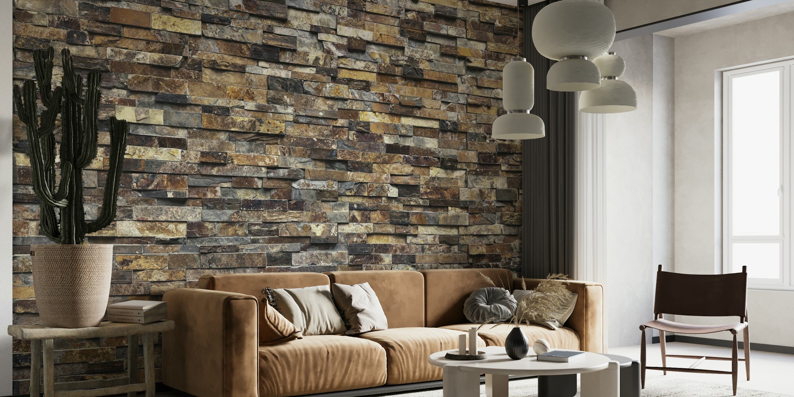 Textured stone wall in shades of brown and gray wallpaper