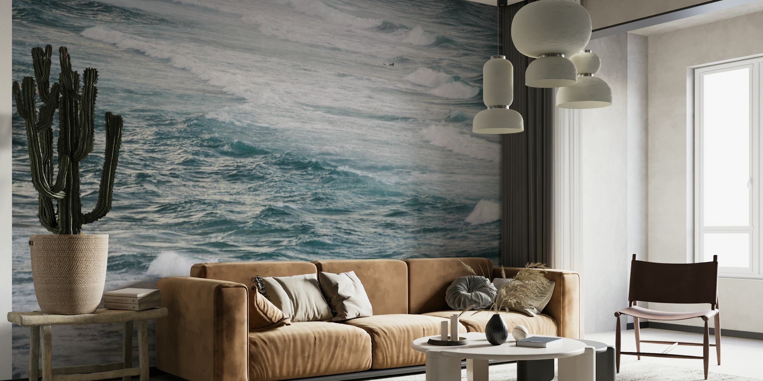 Winter Surfing VI wall mural depicting tumultuous winter ocean waves in shades of blue and grey.