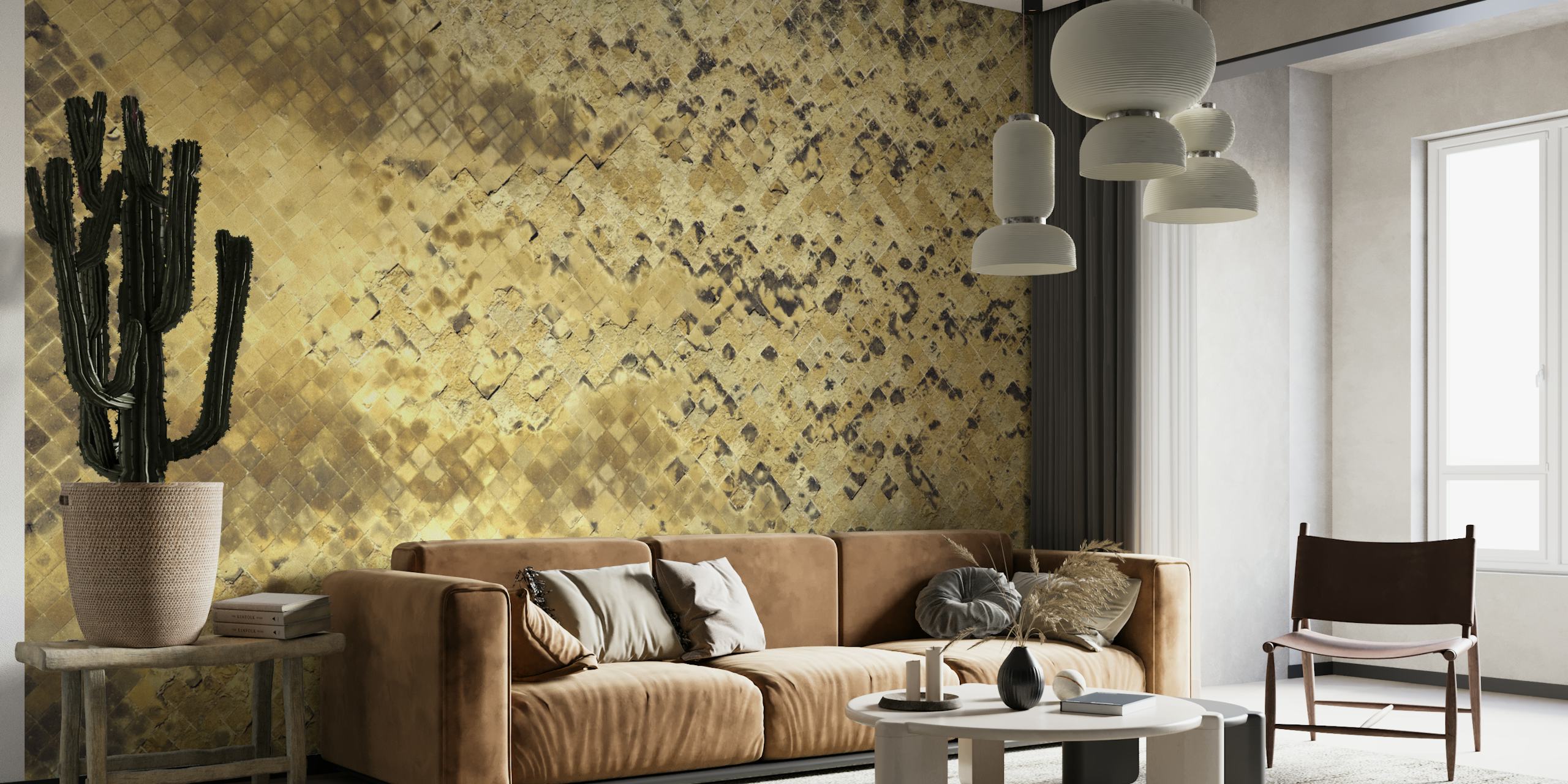 Textured mosaic pattern in beige and gold tones wallpaper