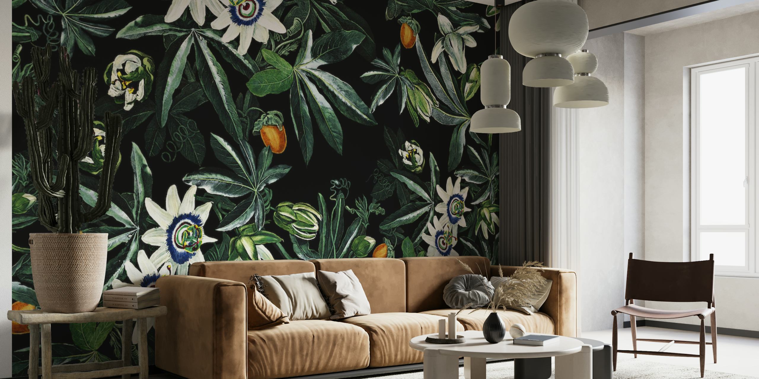 Tropical flowers and green leaves on black background wallpaper