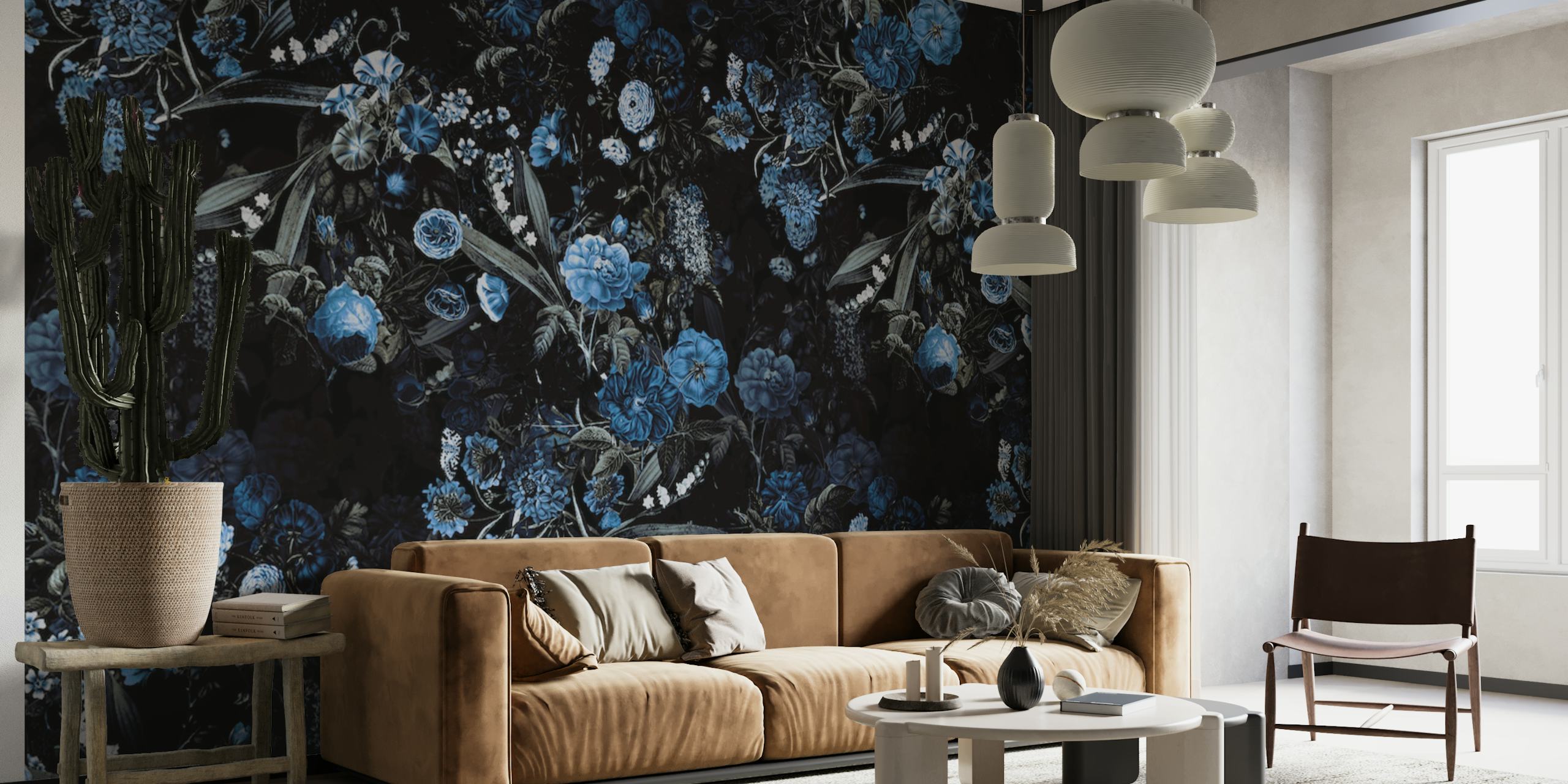 Black wallpaper with blue floral patterns and accents