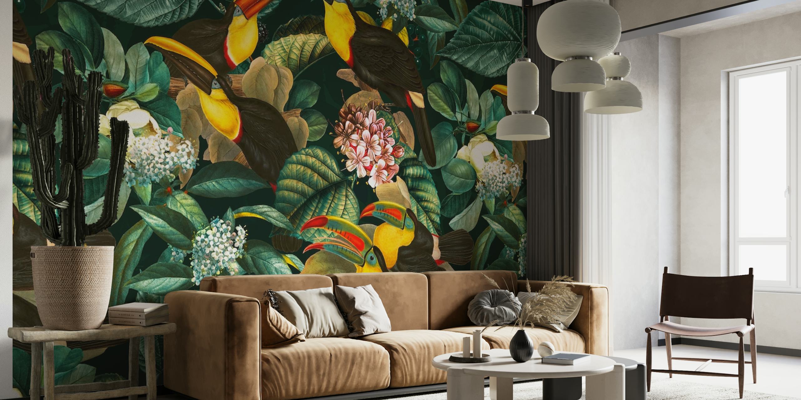 Colorful birds and floral patterns on dark green background wallpaper