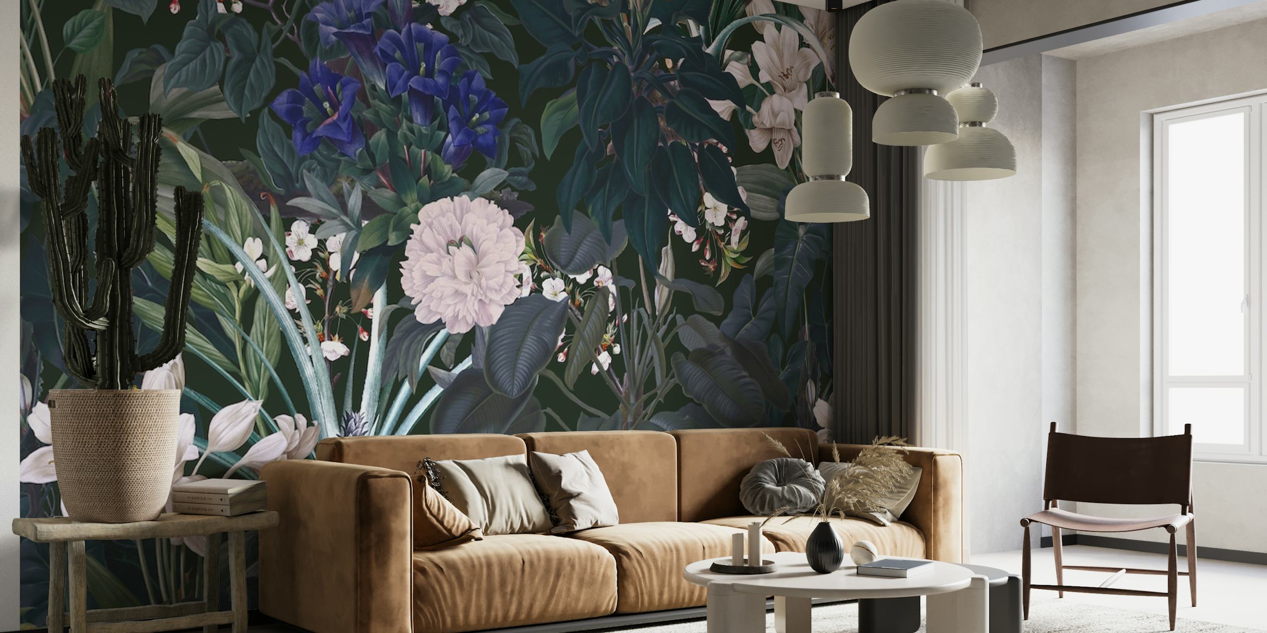 Wandbild „Midnight Garden IX“ mit nachtblühenden Blumen in tiefem Blau und dezentem Lila