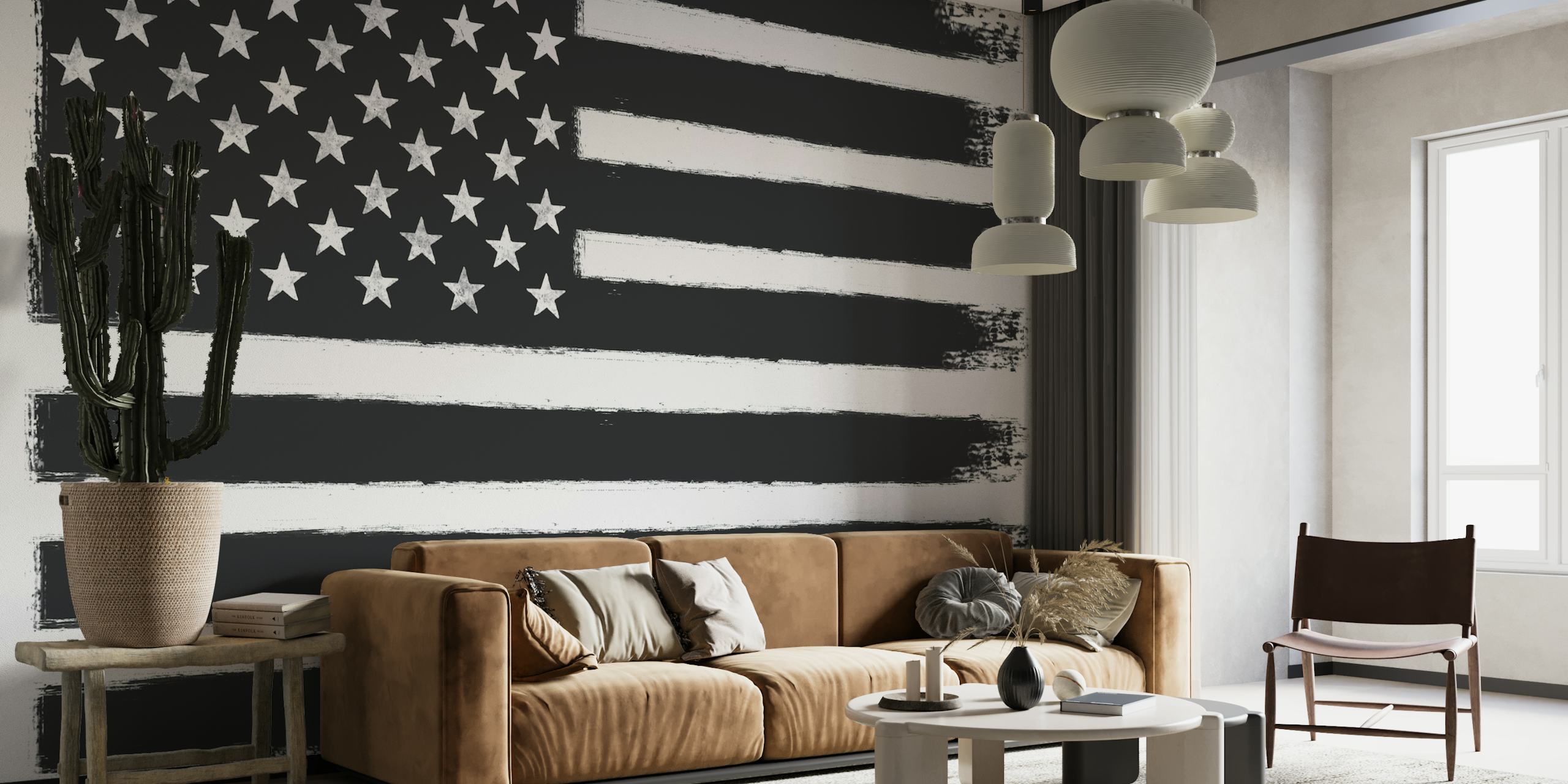 Bandera de Estados Unidos en blanco y negro como mural