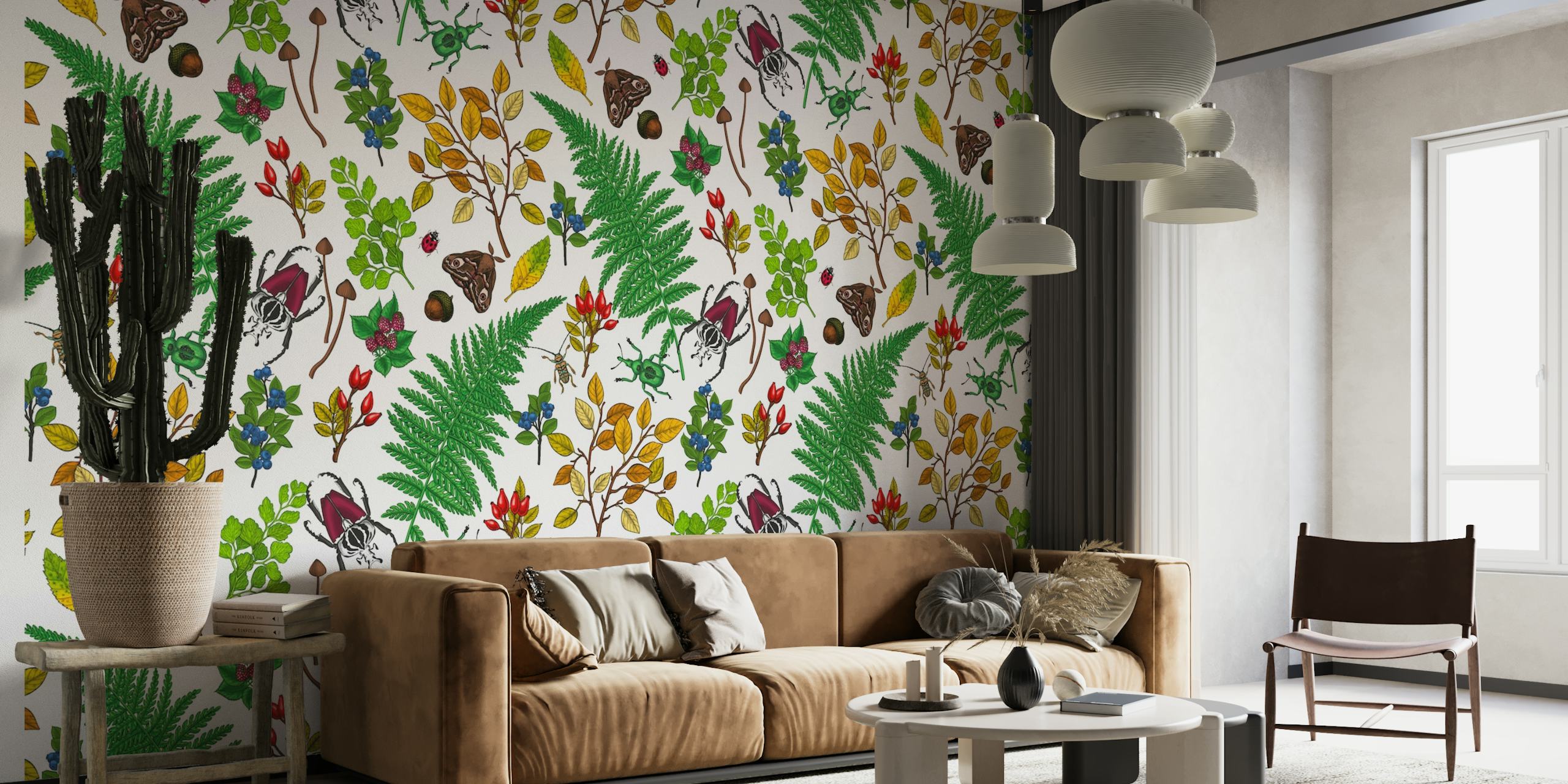 Wall mural of assorted forest berries and green leaves pattern on a light background