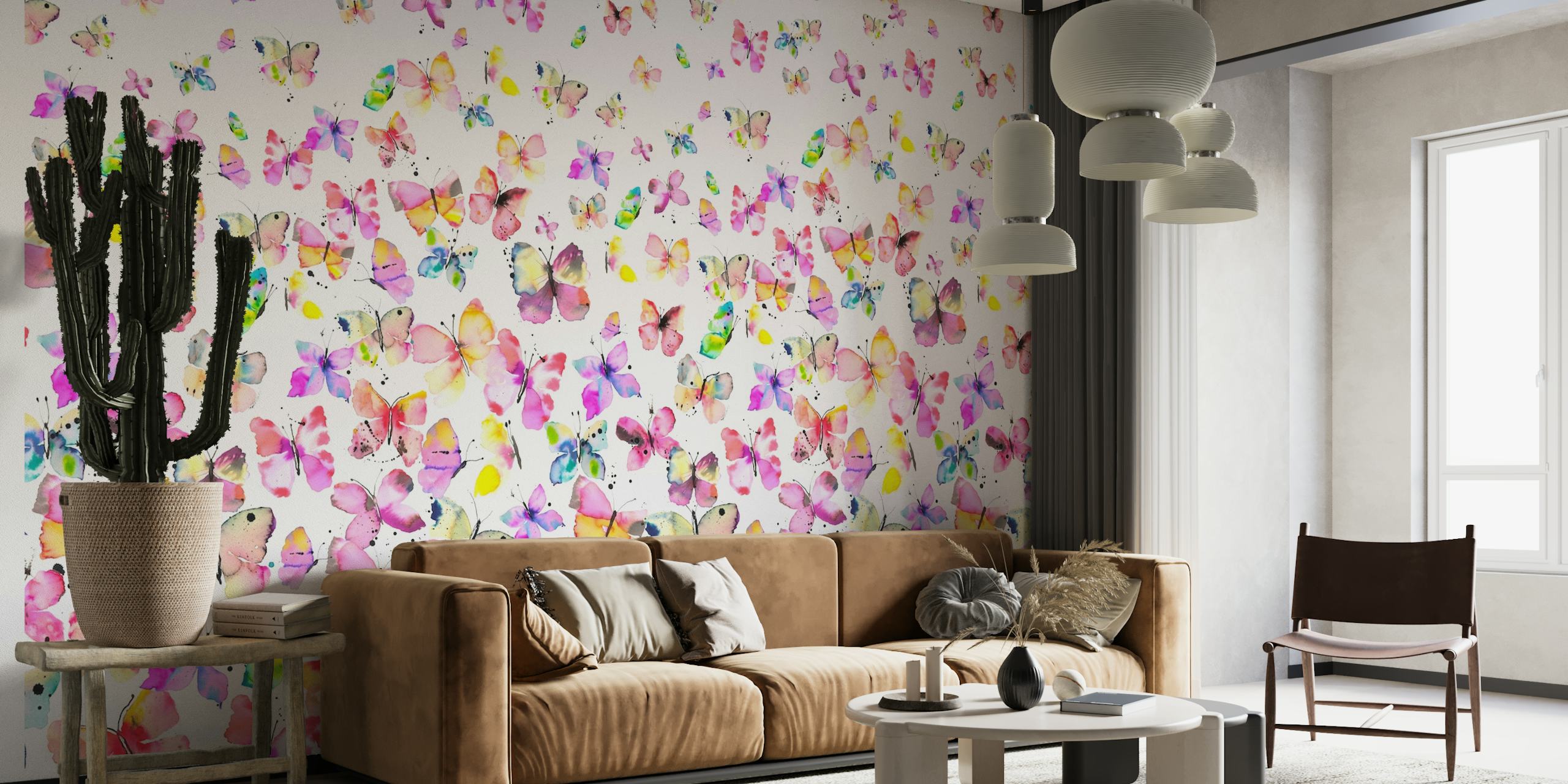 Borboletas aquarela coloridas em um padrão degradado em um mural de parede
