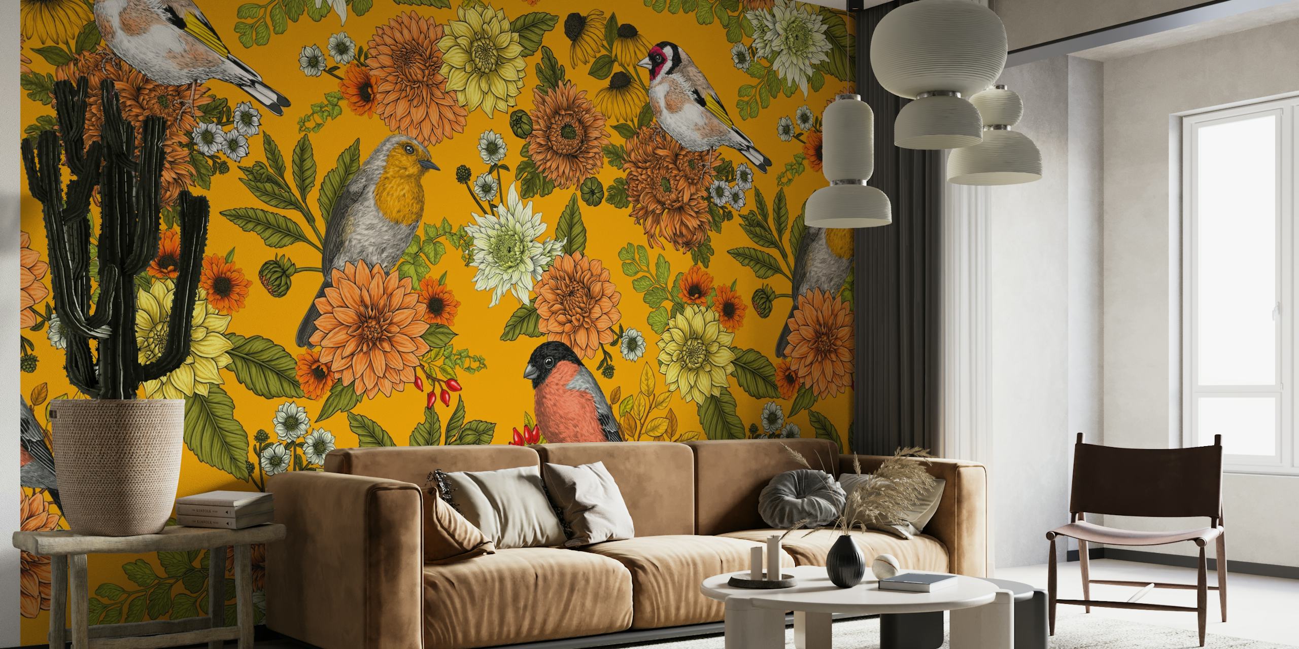 Garden birds and flowers wallpaper