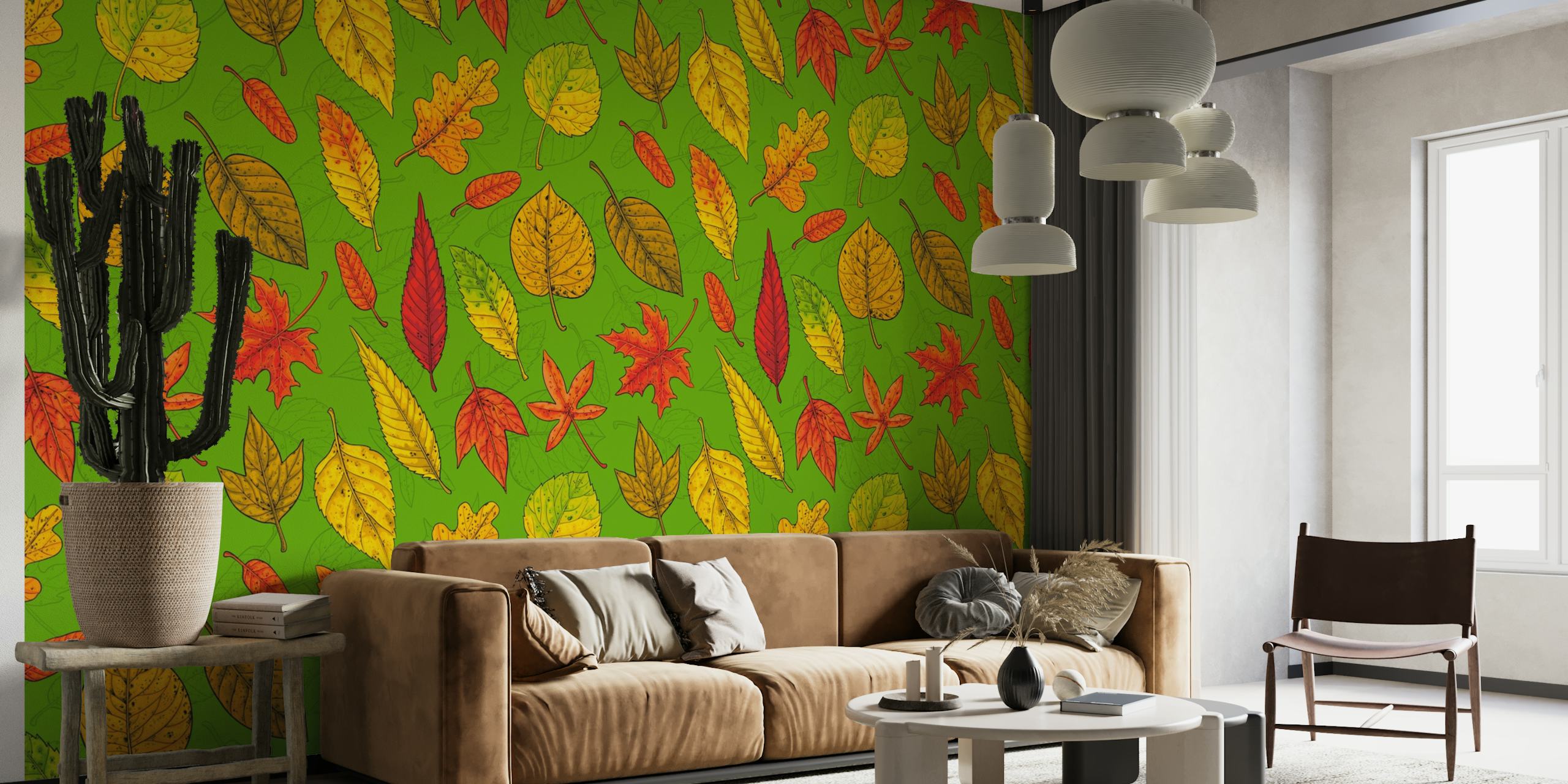 Autumn leaves on green wallpaper