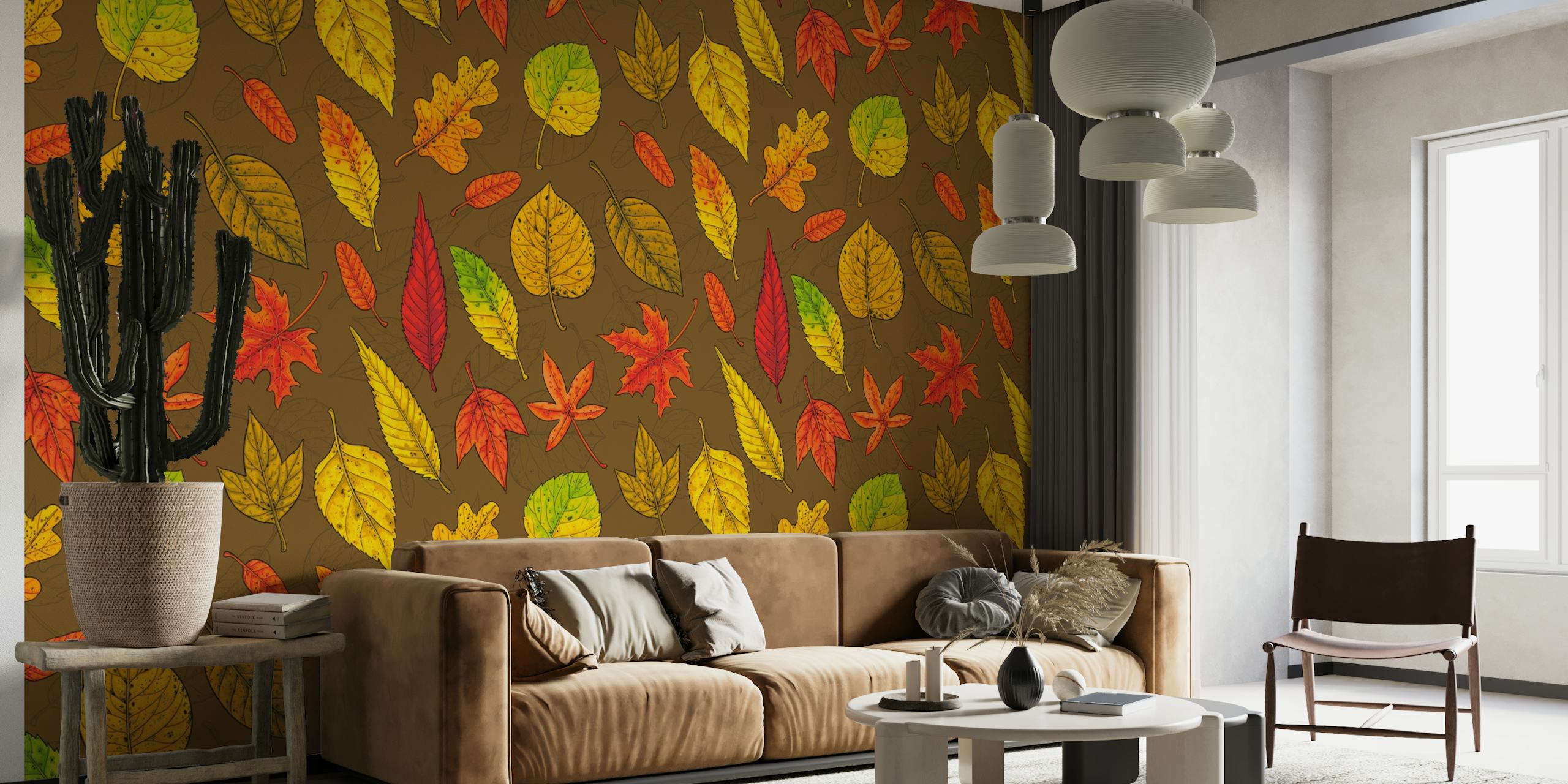 Autumn leaves on brown wallpaper