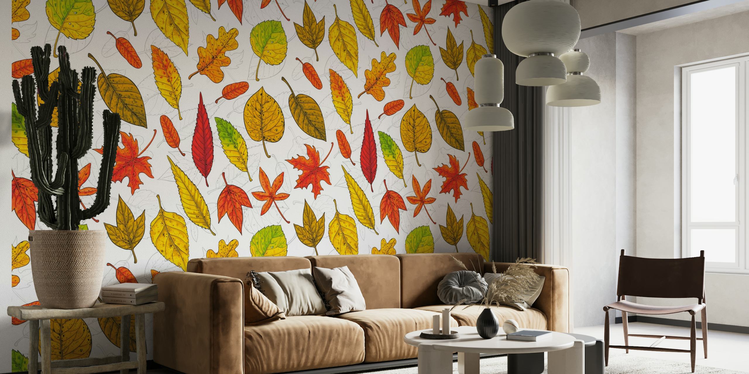 Colorful autumn leaves wall mural on a white background