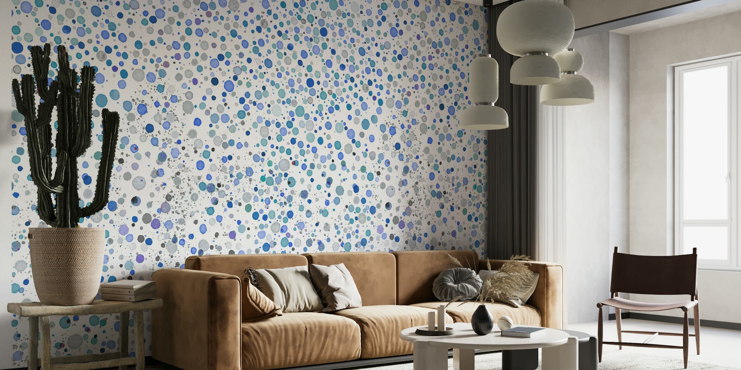 Various blue and teal confetti dots on white background wallpaper