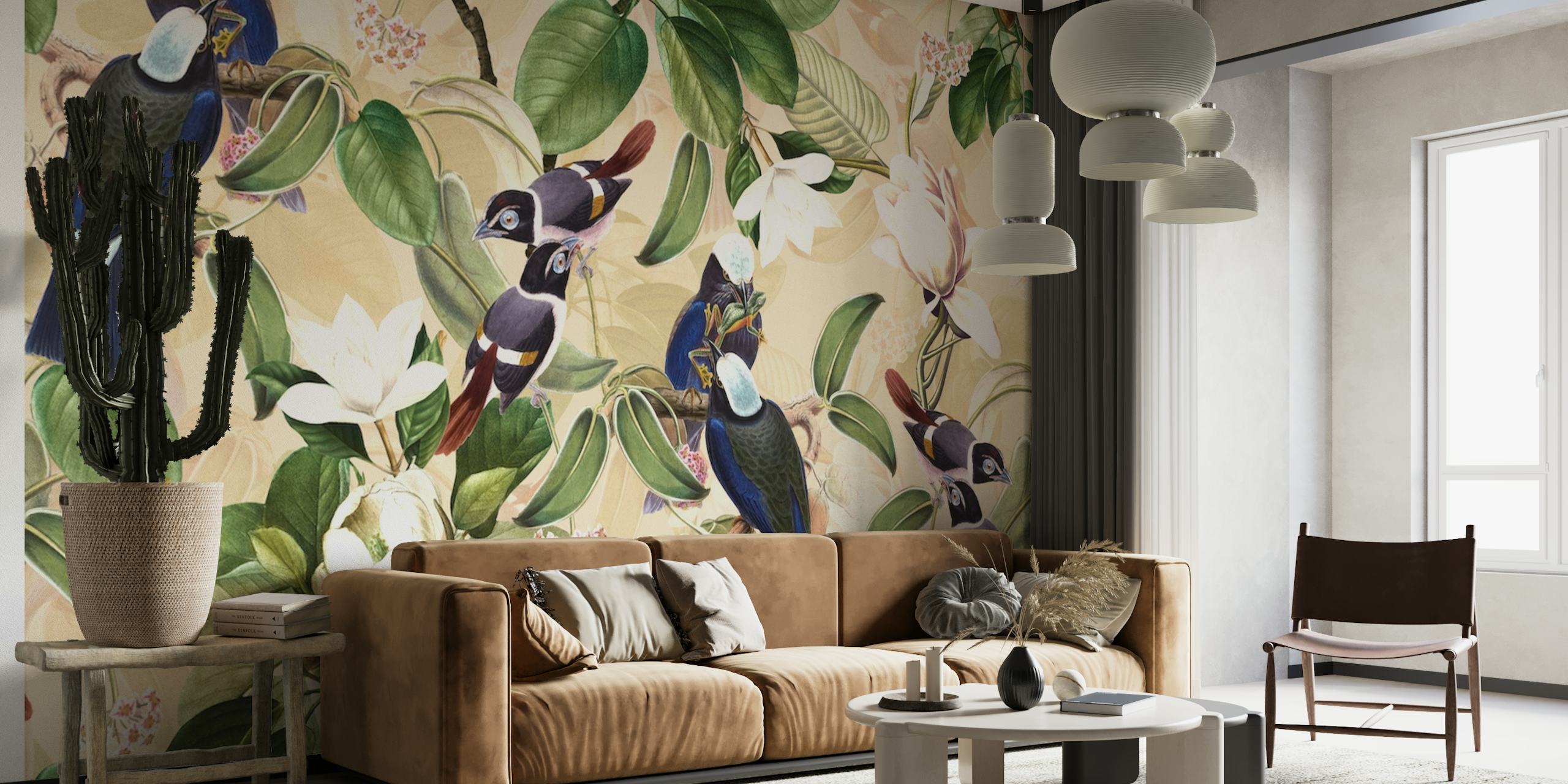 Exotic birds and green foliage on a wall mural from Happywall.
